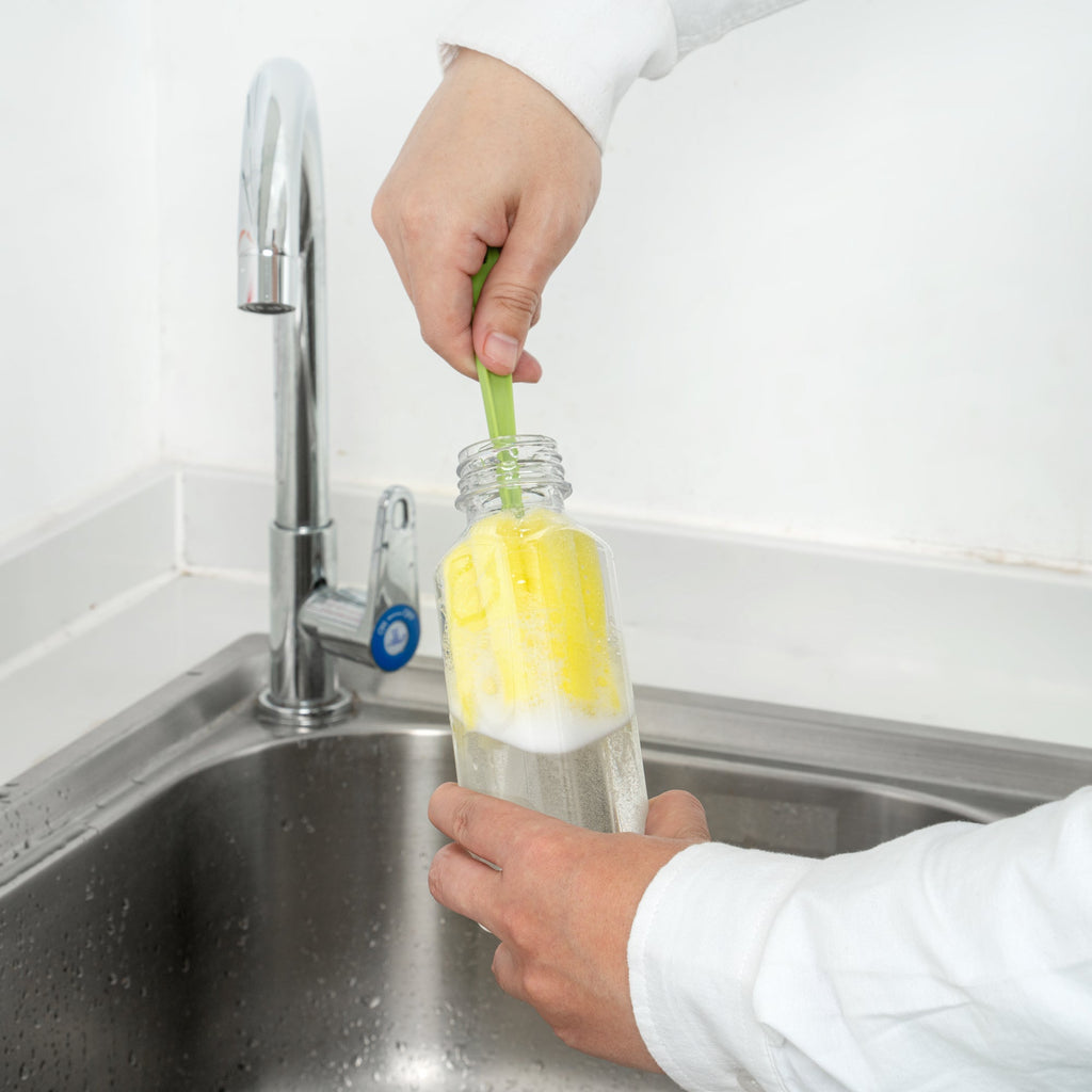 Bottle Tek 10 Square Clear 12 oz Plastic Juice Bottles with Safety Caps - Includes 10 Labels, 1 Funnel and 1 Cleaning Brush