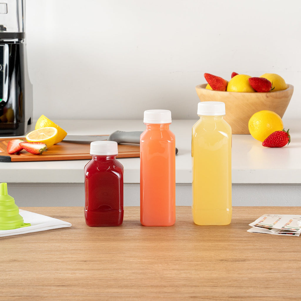 Bottle Tek 10 Square Clear 12 oz Plastic Juice Bottles with Safety Caps - Includes 10 Labels, 1 Funnel and 1 Cleaning Brush