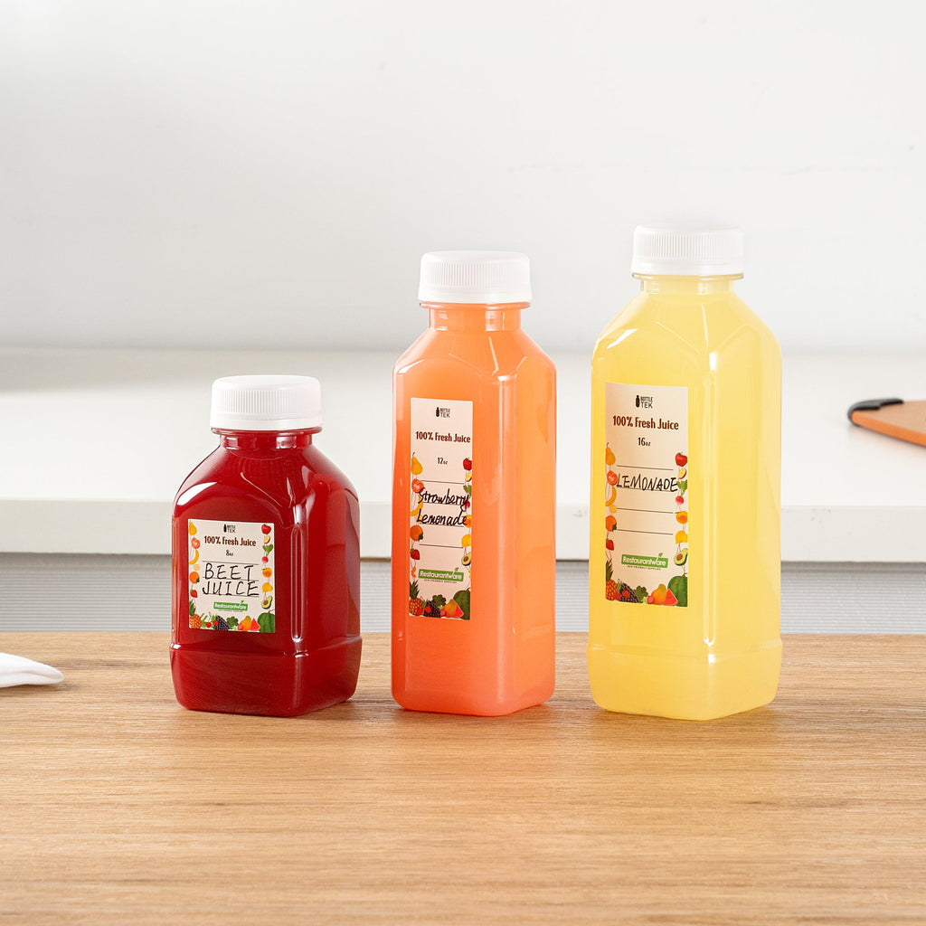 Bottle Tek 10 Square Clear 12 oz Plastic Juice Bottles with Safety Caps - Includes 10 Labels, 1 Funnel and 1 Cleaning Brush