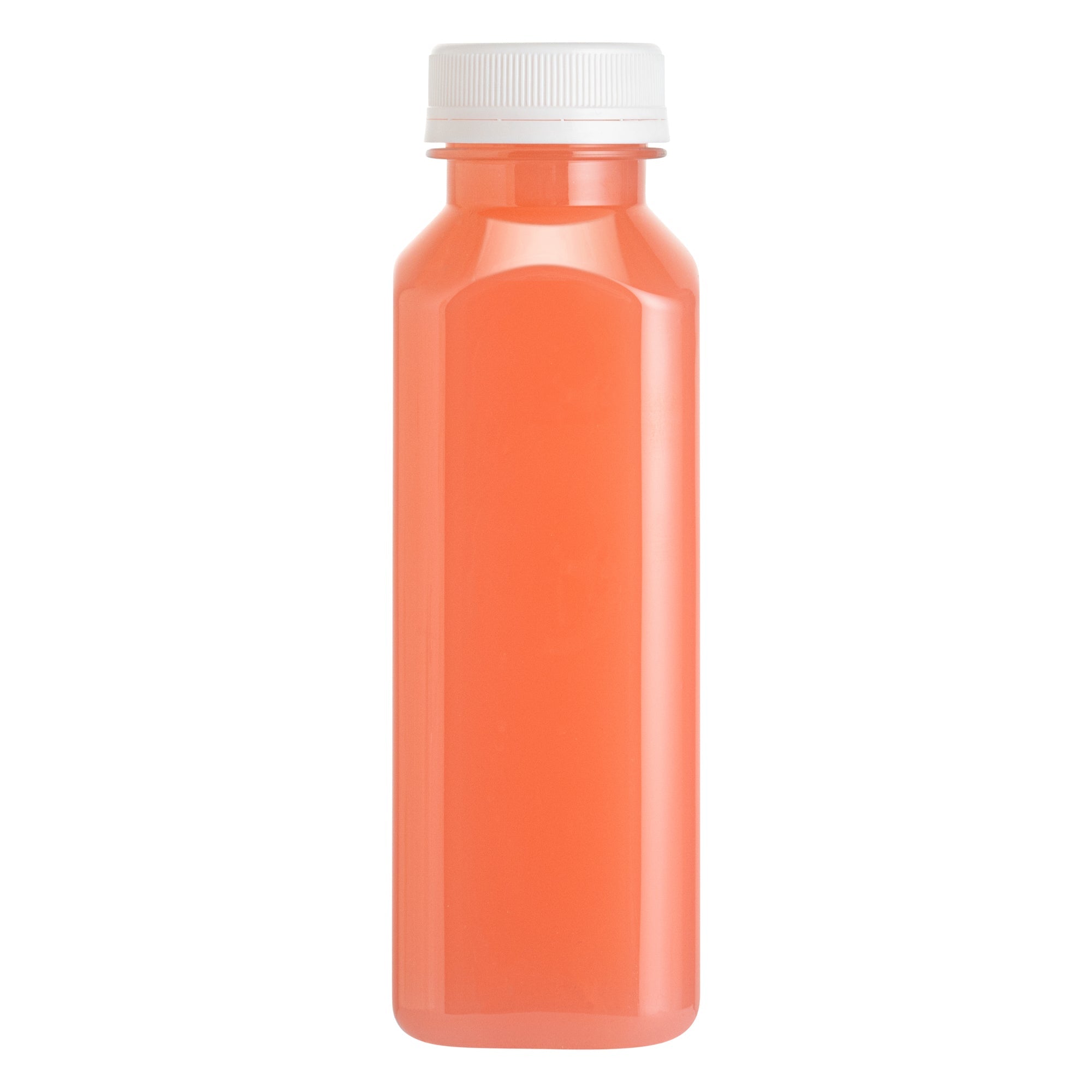Bottle Tek 100 Square Clear 12 oz Plastic Juice Bottles with Safety Caps - Includes 100 Labels, 10 Funnels and 10 Cleaning Brushes