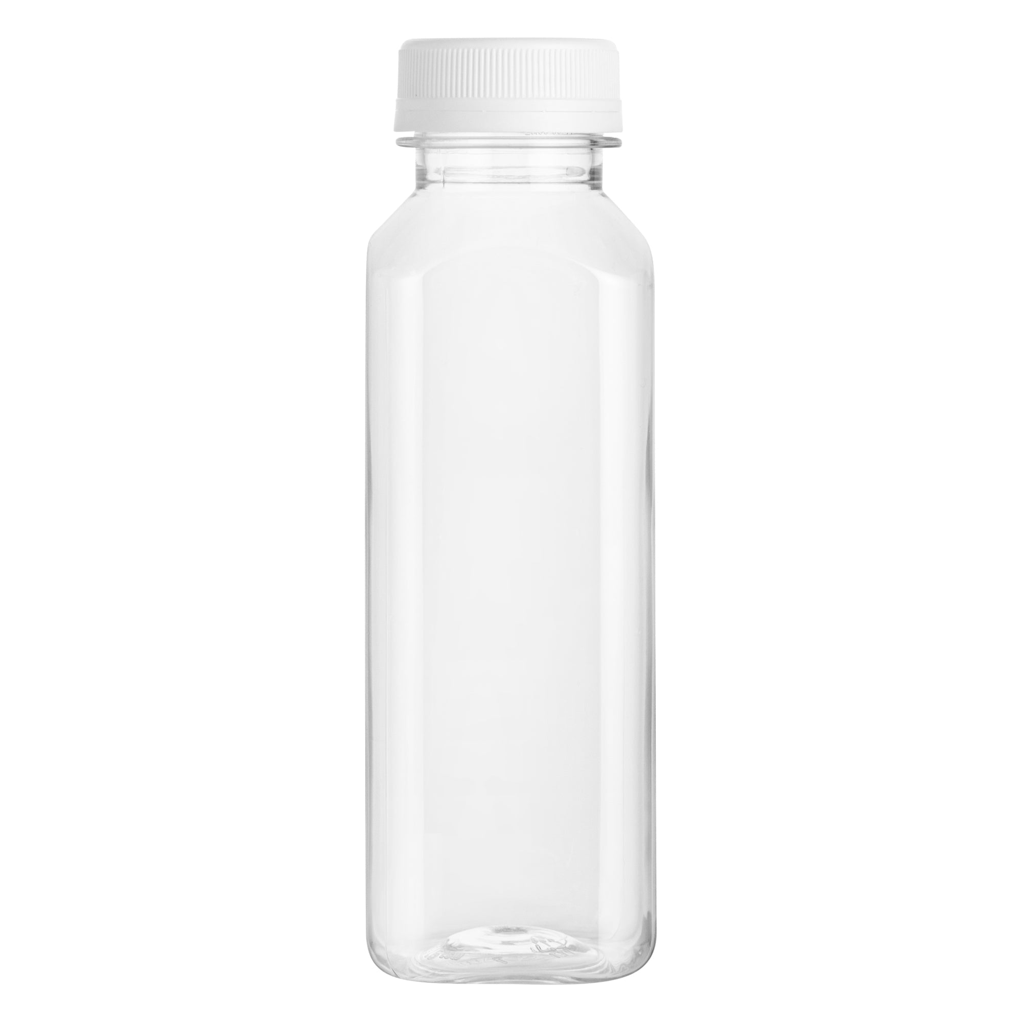 Bottle Tek 100 Square Clear 12 oz Plastic Juice Bottles with Safety Caps - Includes 100 Labels, 10 Funnels and 10 Cleaning Brushes