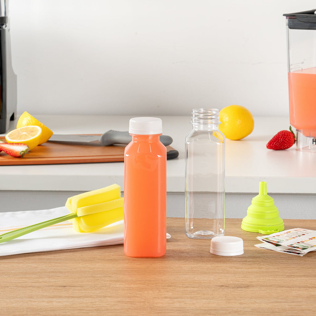 Bottle Tek 100 Square Clear 12 oz Plastic Juice Bottles with Safety Caps - Includes 100 Labels, 10 Funnels and 10 Cleaning Brushes