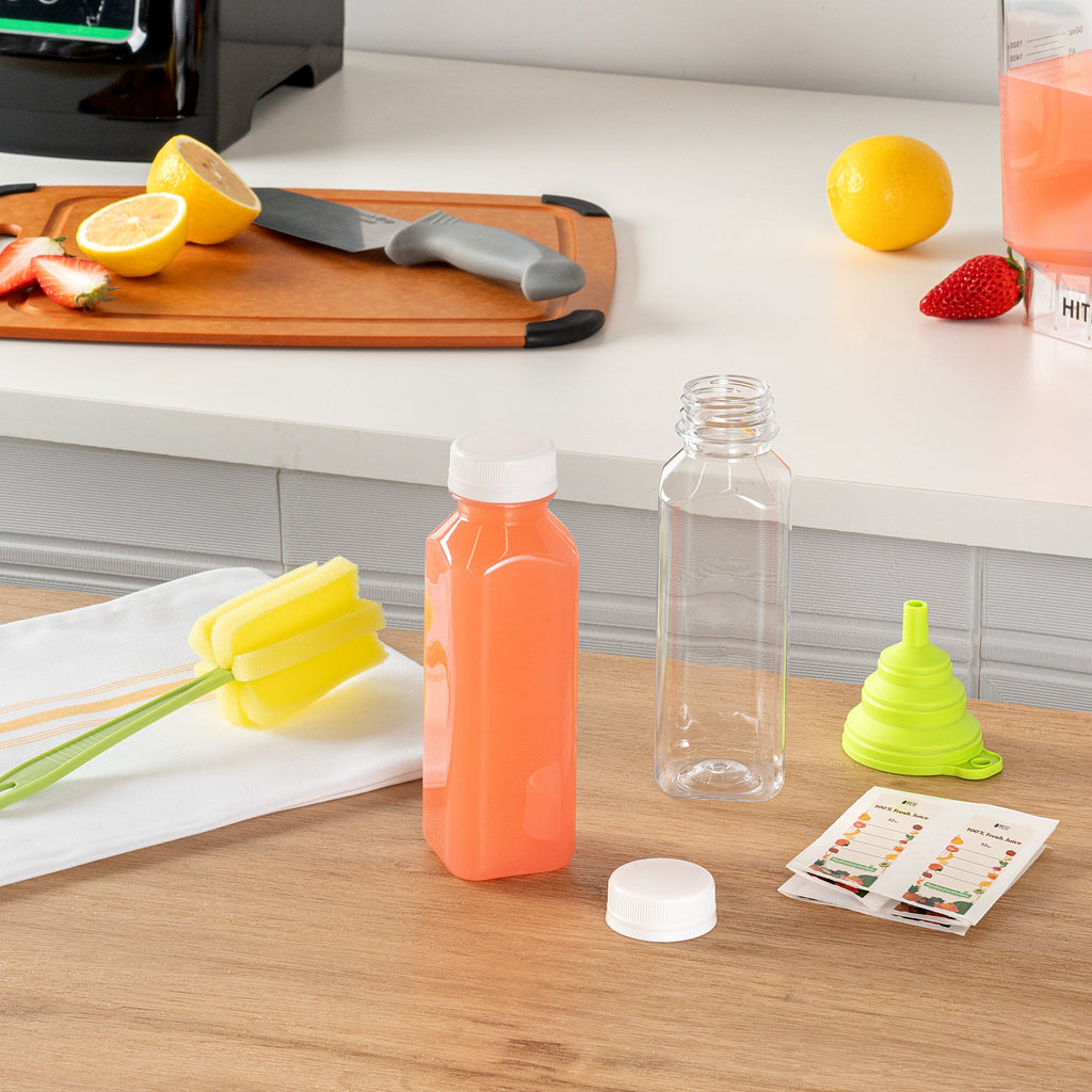 Bottle Tek 100 Square Clear 12 oz Plastic Juice Bottles with Safety Caps - Includes 100 Labels, 10 Funnels and 10 Cleaning Brushes