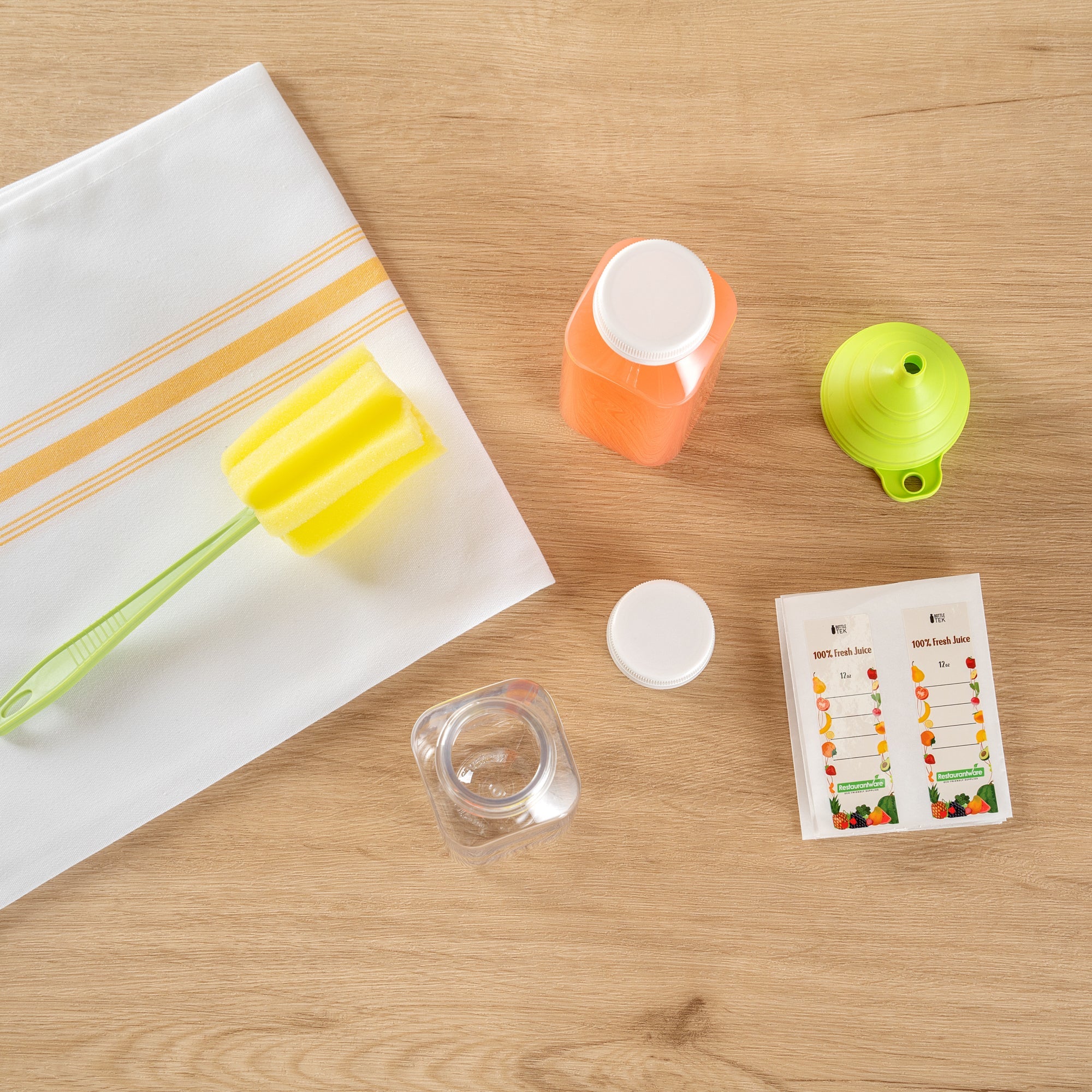 Bottle Tek 100 Square Clear 12 oz Plastic Juice Bottles with Safety Caps - Includes 100 Labels, 10 Funnels and 10 Cleaning Brushes