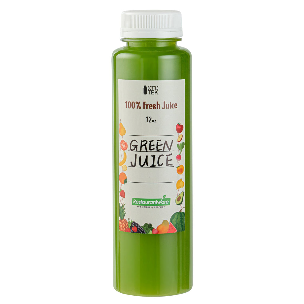 Bottle Tek 10 Round Clear 12 oz Plastic Juice Bottles with Safety Caps - Includes 10 Labels, 1 Funnel and 1 Cleaning Brush