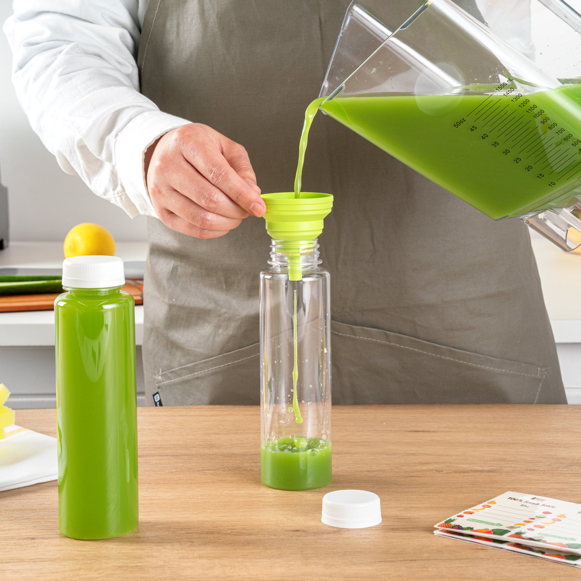Bottle Tek 10 Round Clear 12 oz Plastic Juice Bottles with Safety Caps - Includes 10 Labels, 1 Funnel and 1 Cleaning Brush