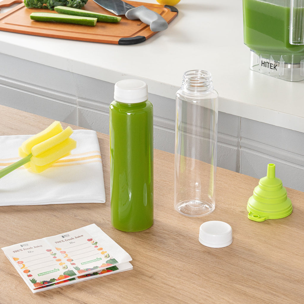 Bottle Tek 10 Round Clear 12 oz Plastic Juice Bottles with Safety Caps - Includes 10 Labels, 1 Funnel and 1 Cleaning Brush