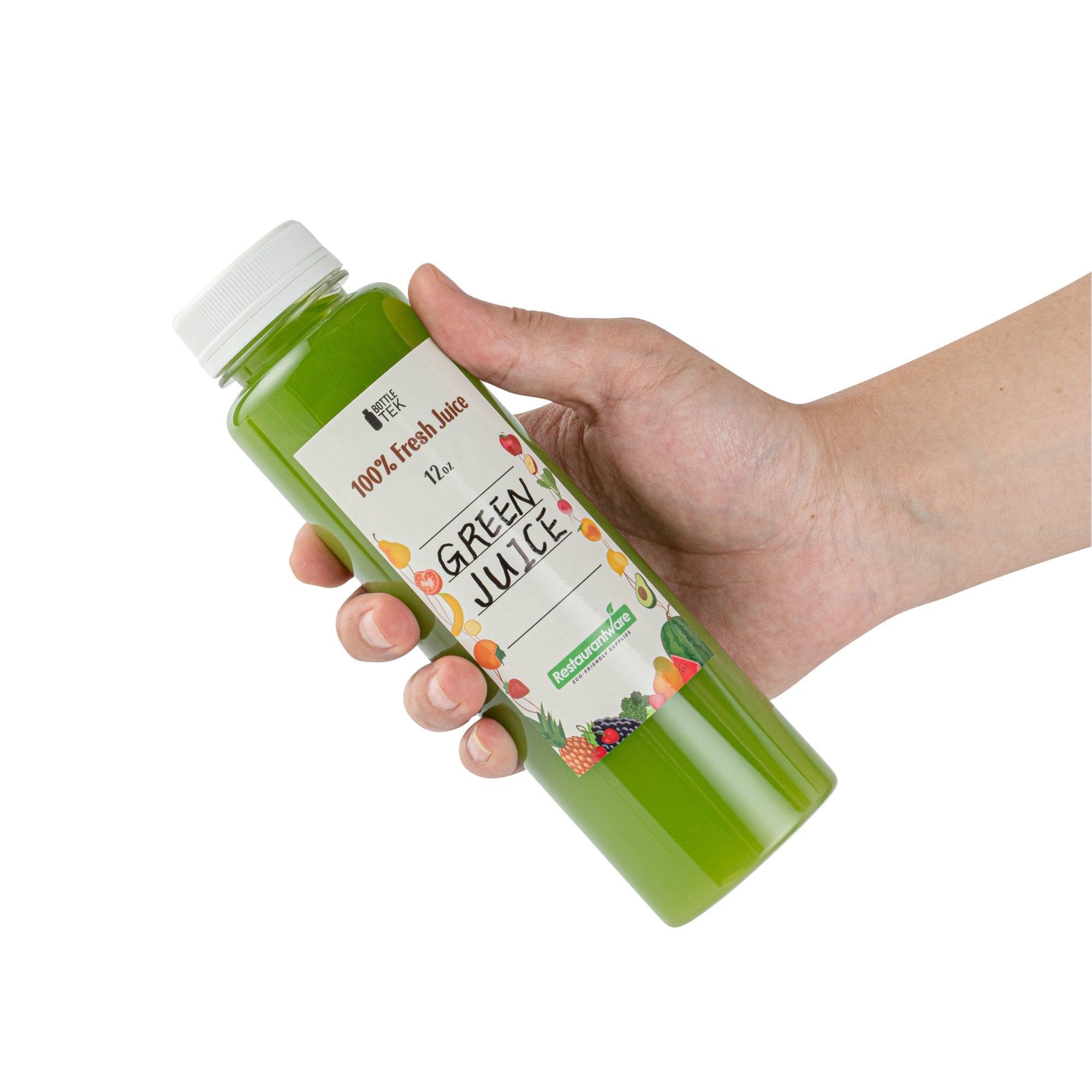 Bottle Tek 100 Round Clear 12 oz Plastic Juice Bottles with Safety Caps - Includes 100 Labels, 10 Funnels and 10 Cleaning Brushes