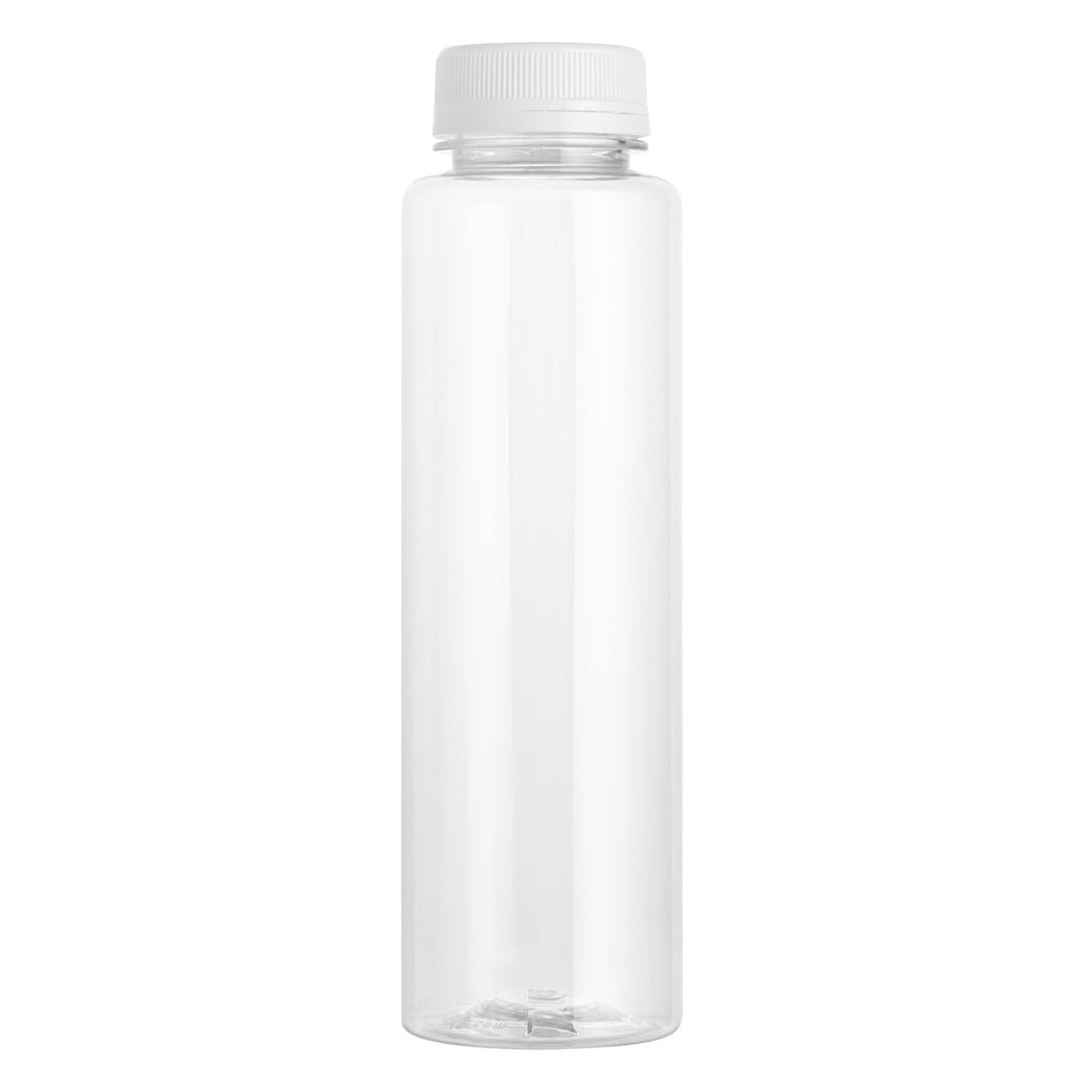 Bottle Tek 100 Round Clear 12 oz Plastic Juice Bottles with Safety Caps - Includes 100 Labels, 10 Funnels and 10 Cleaning Brushes