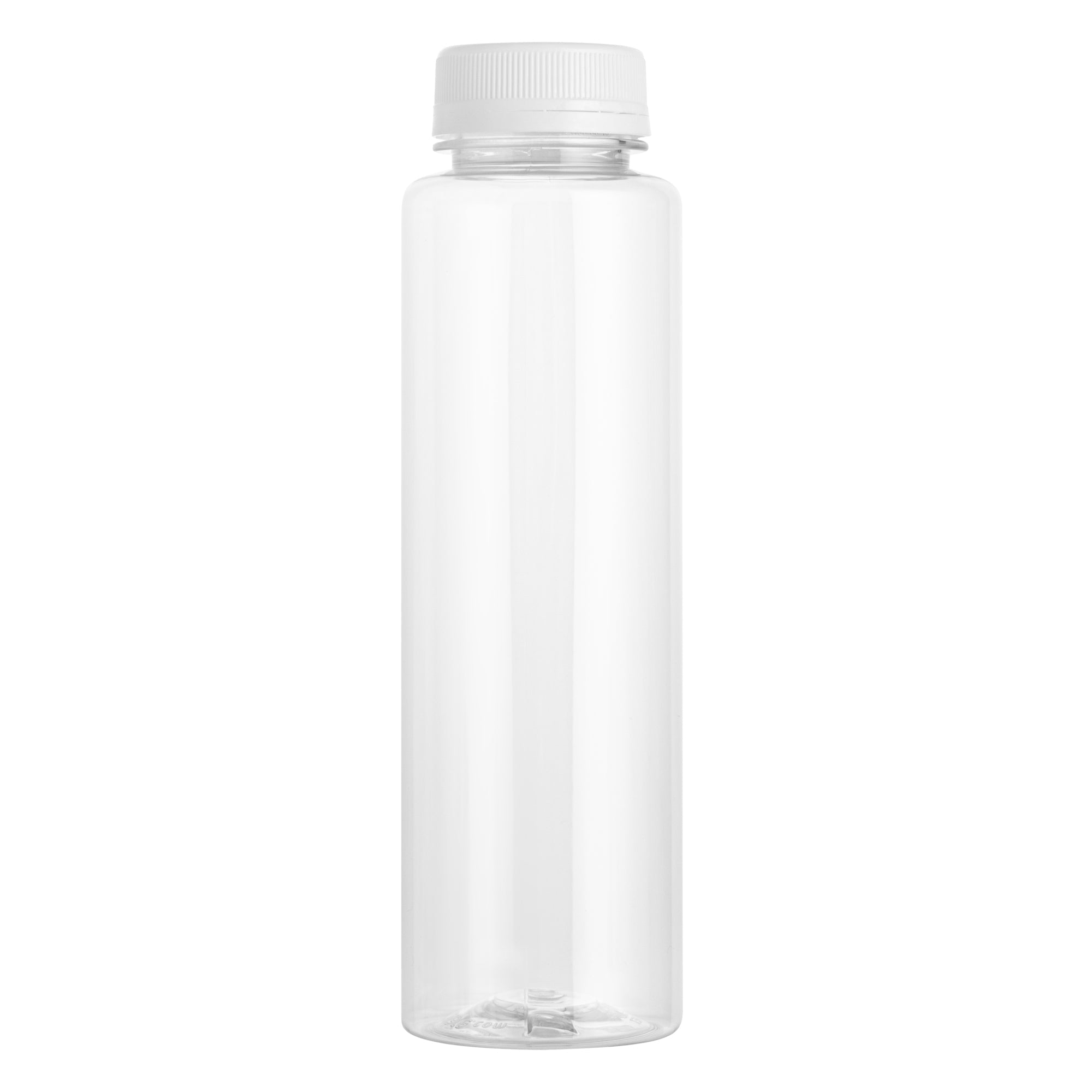 Bottle Tek 100 Round Clear 12 oz Plastic Juice Bottles with Safety Caps - Includes 100 Labels, 10 Funnels and 10 Cleaning Brushes