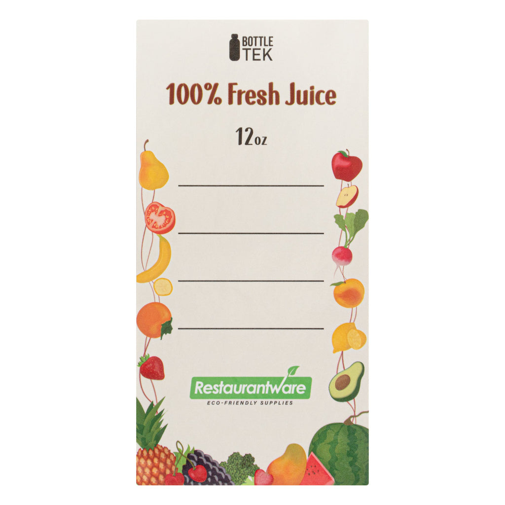 Bottle Tek 100 Round Clear 12 oz Plastic Juice Bottles with Safety Caps - Includes 100 Labels, 10 Funnels and 10 Cleaning Brushes