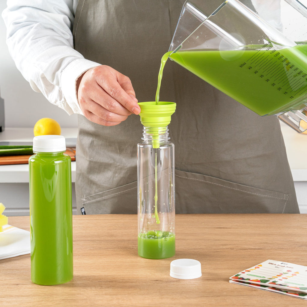 Bottle Tek 100 Round Clear 12 oz Plastic Juice Bottles with Safety Caps - Includes 100 Labels, 10 Funnels and 10 Cleaning Brushes