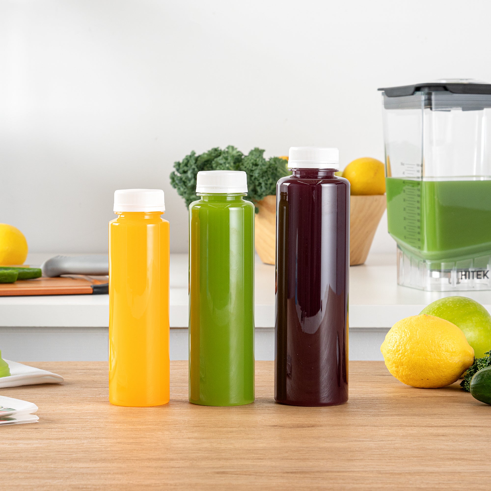 Bottle Tek 100 Round Clear 12 oz Plastic Juice Bottles with Safety Caps - Includes 100 Labels, 10 Funnels and 10 Cleaning Brushes