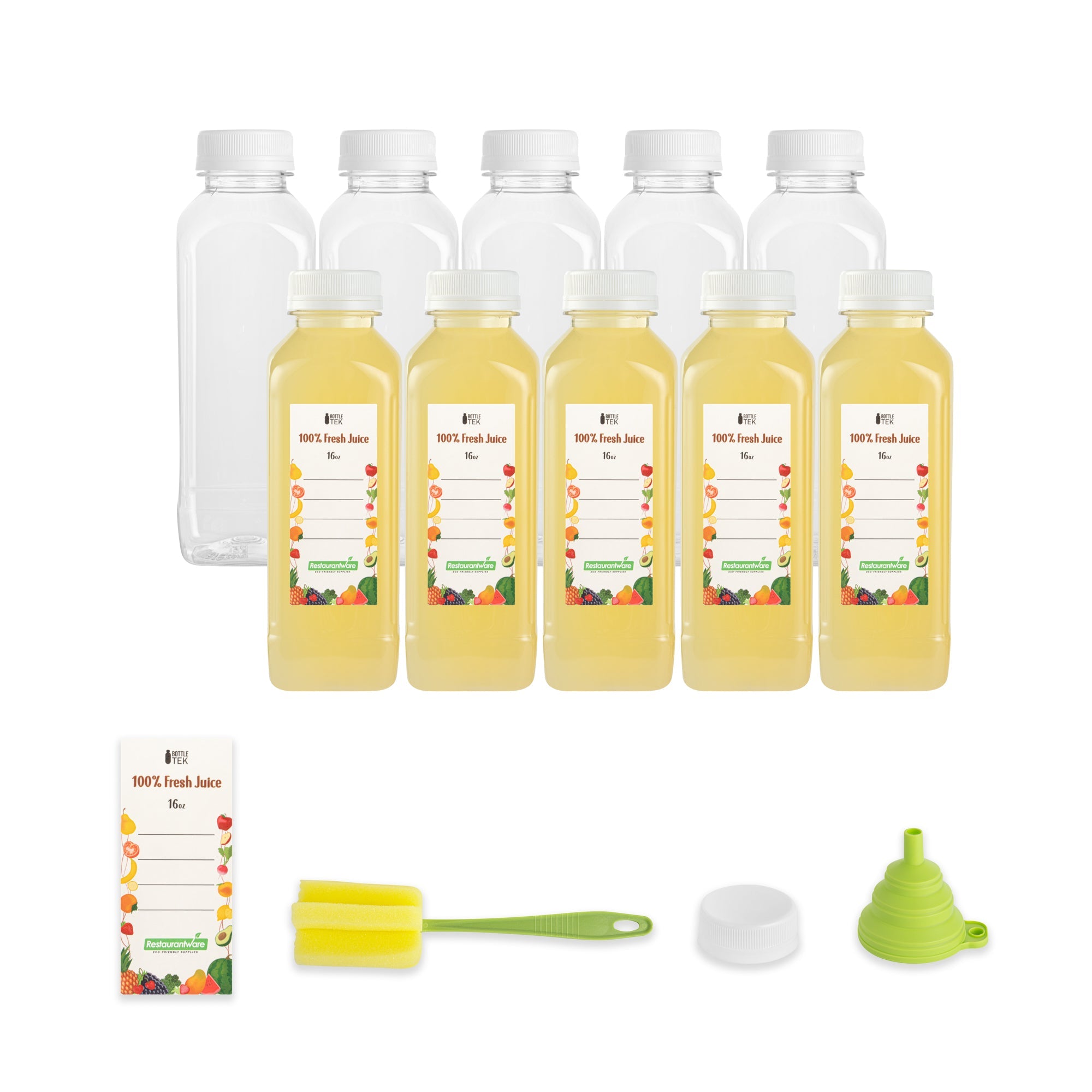 Bottle Tek 10 Square Clear 16 oz Plastic Juice Bottles with Safety Caps - Includes 10 Labels, 1 Funnel and 1 Cleaning Brush