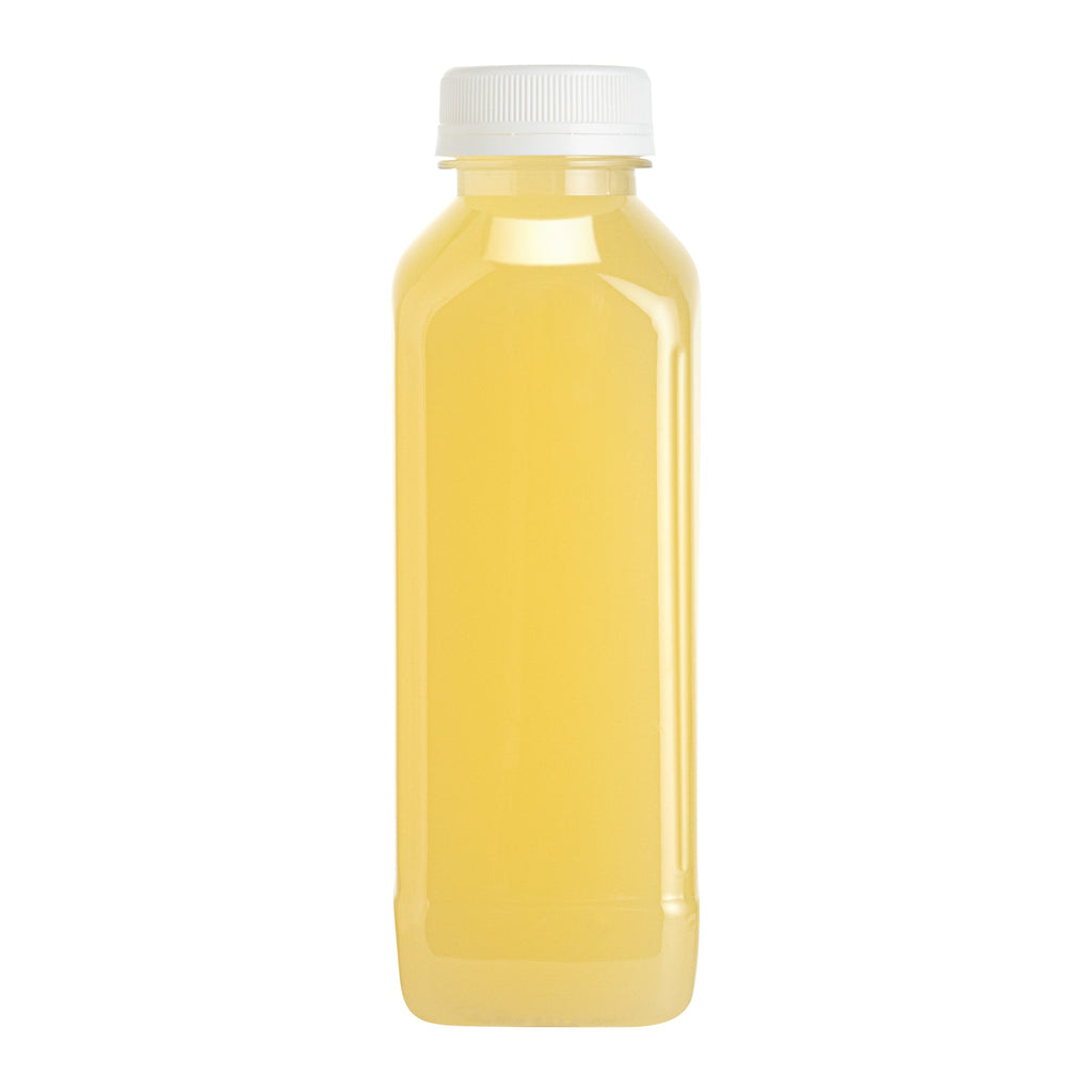 Bottle Tek 10 Square Clear 16 oz Plastic Juice Bottles with Safety Caps - Includes 10 Labels, 1 Funnel and 1 Cleaning Brush