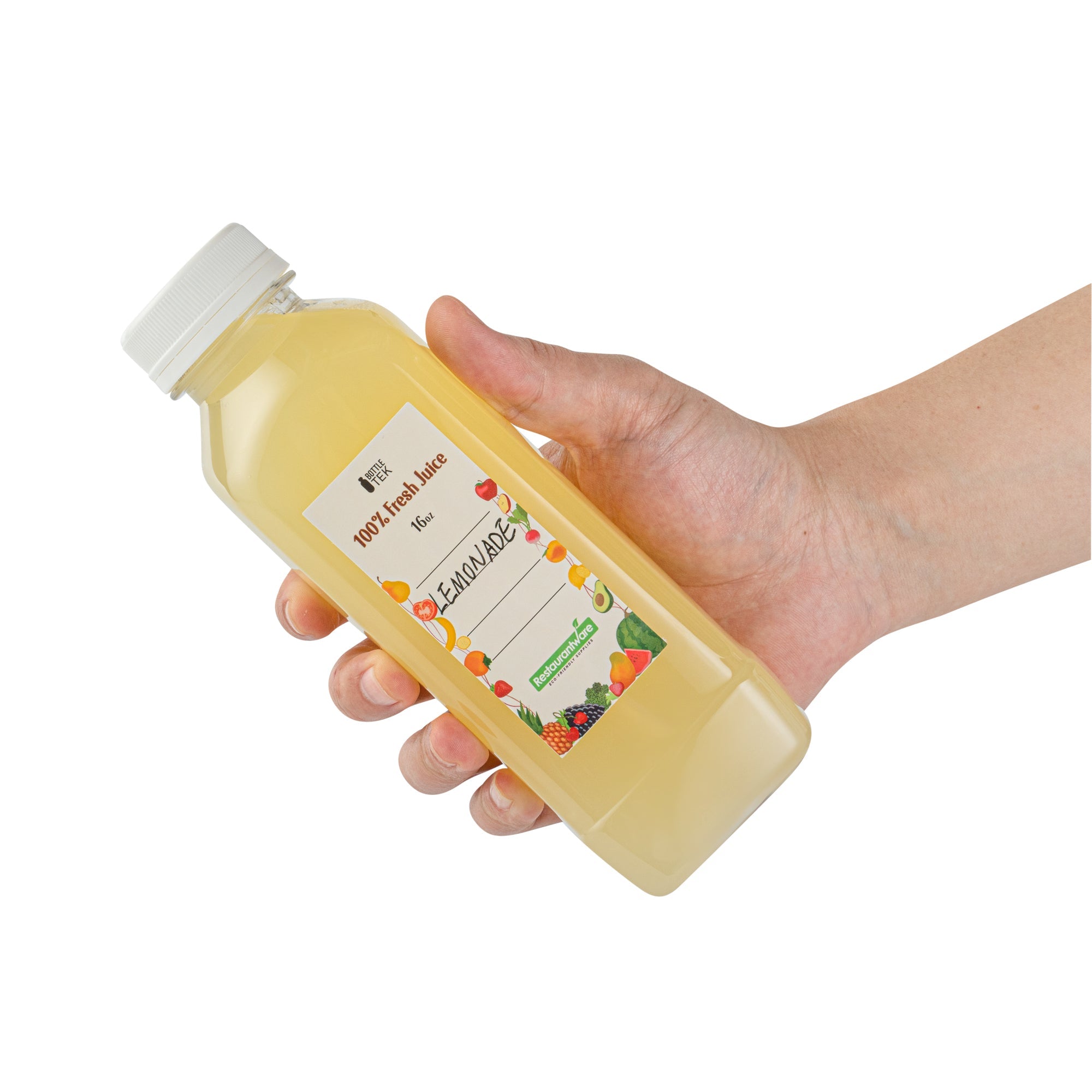 Bottle Tek 10 Square Clear 16 oz Plastic Juice Bottles with Safety Caps - Includes 10 Labels, 1 Funnel and 1 Cleaning Brush