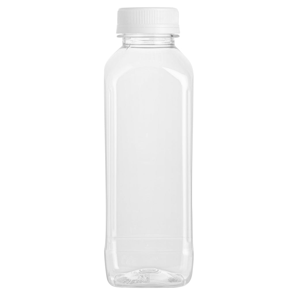 Bottle Tek 10 Square Clear 16 oz Plastic Juice Bottles with Safety Caps - Includes 10 Labels, 1 Funnel and 1 Cleaning Brush