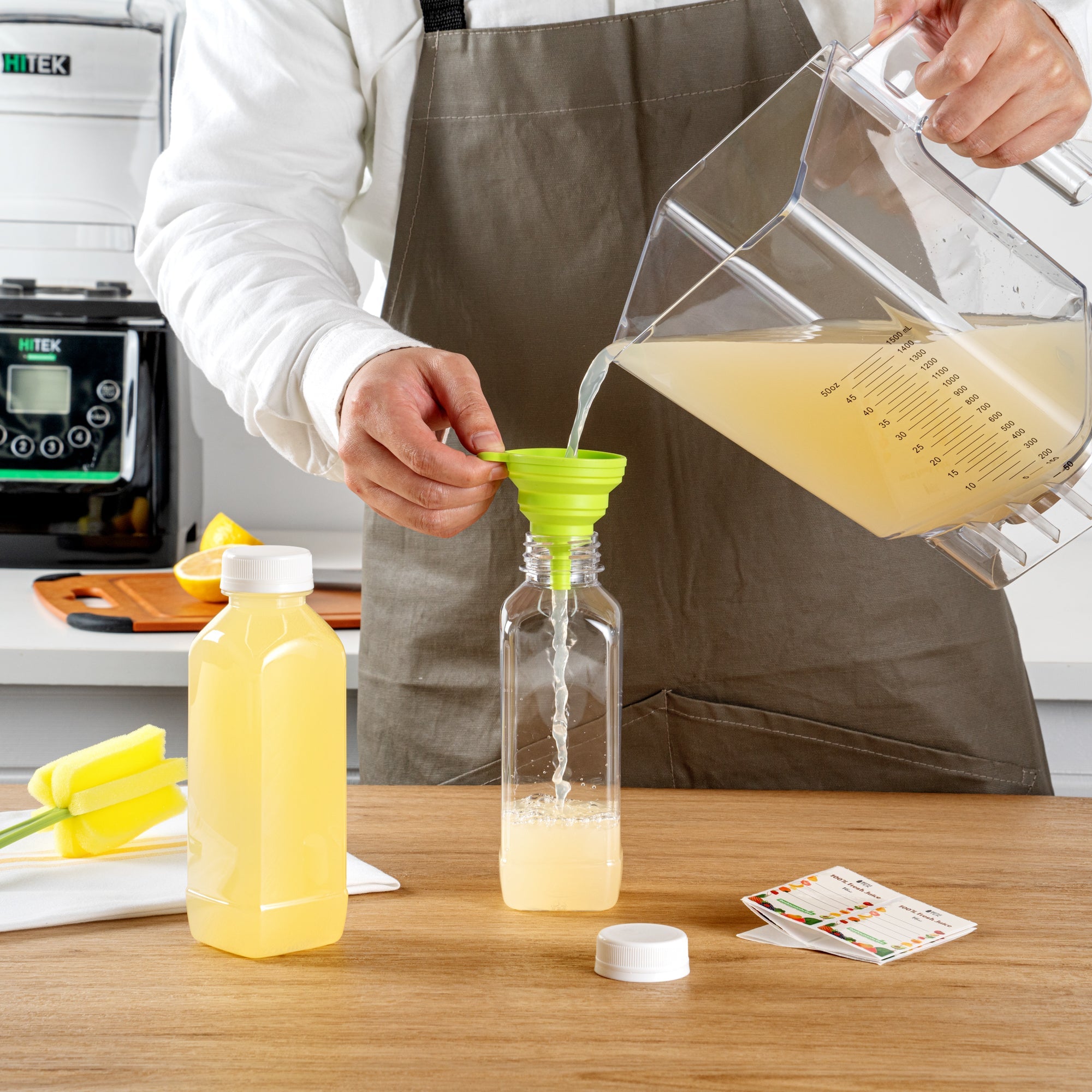 Bottle Tek 10 Square Clear 16 oz Plastic Juice Bottles with Safety Caps - Includes 10 Labels, 1 Funnel and 1 Cleaning Brush
