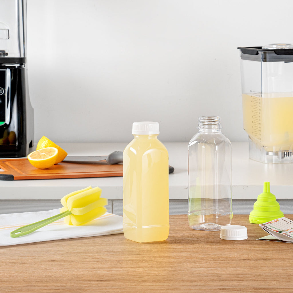 Bottle Tek 10 Square Clear 16 oz Plastic Juice Bottles with Safety Caps - Includes 10 Labels, 1 Funnel and 1 Cleaning Brush