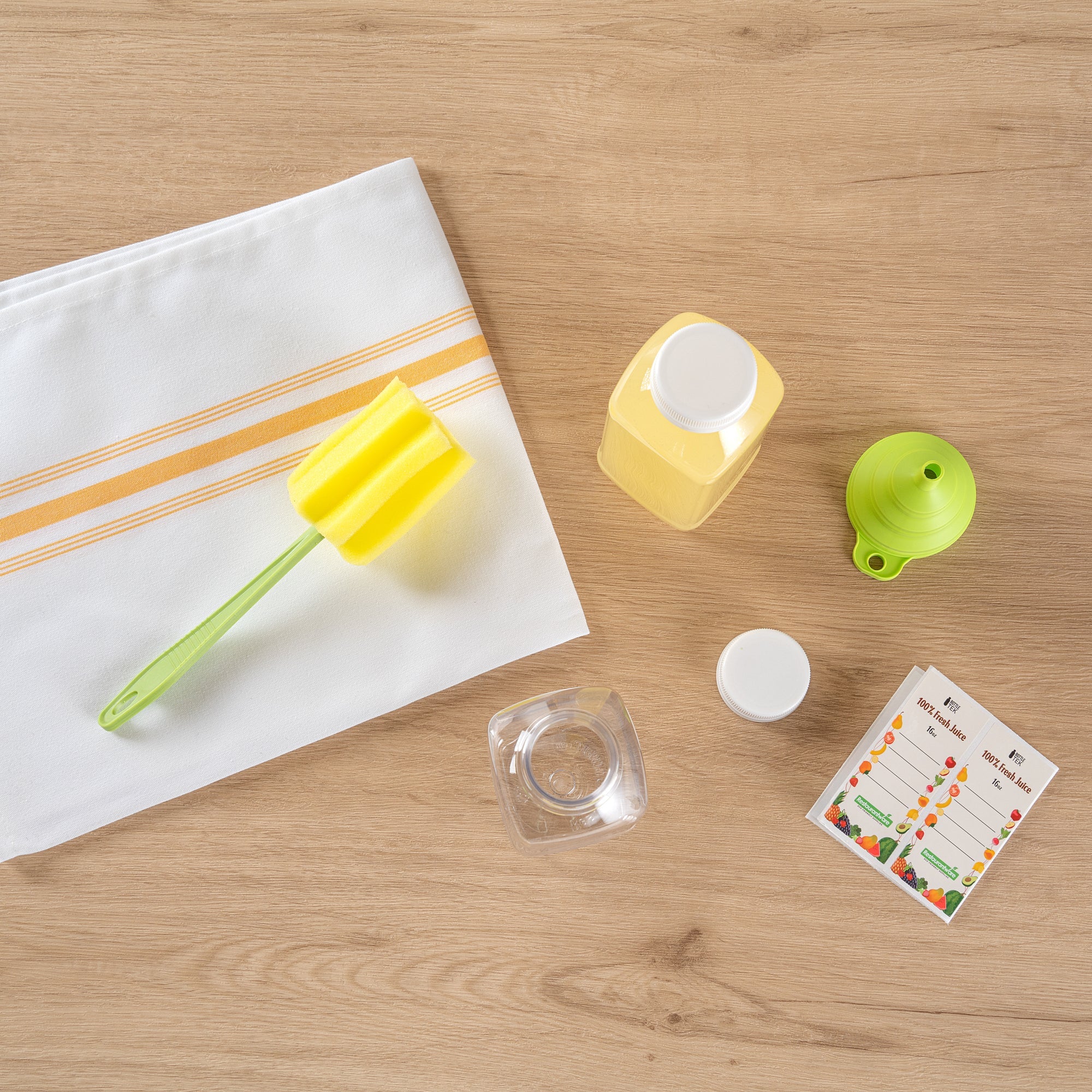Bottle Tek 10 Square Clear 16 oz Plastic Juice Bottles with Safety Caps - Includes 10 Labels, 1 Funnel and 1 Cleaning Brush