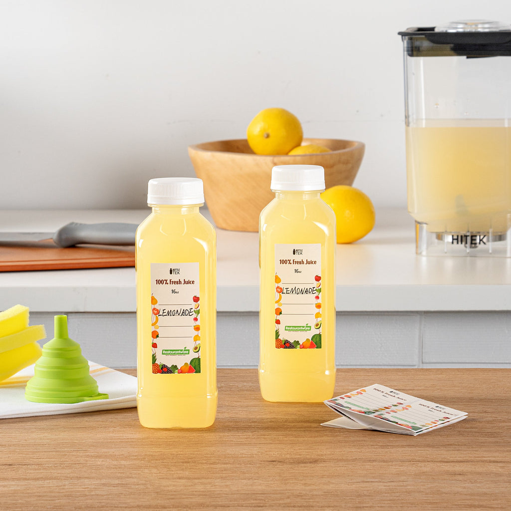 Bottle Tek 100 Square Clear 16 oz Plastic Juice Bottles with Safety Caps - Includes 100 Labels, 10 Funnels and 10 Cleaning Brushes