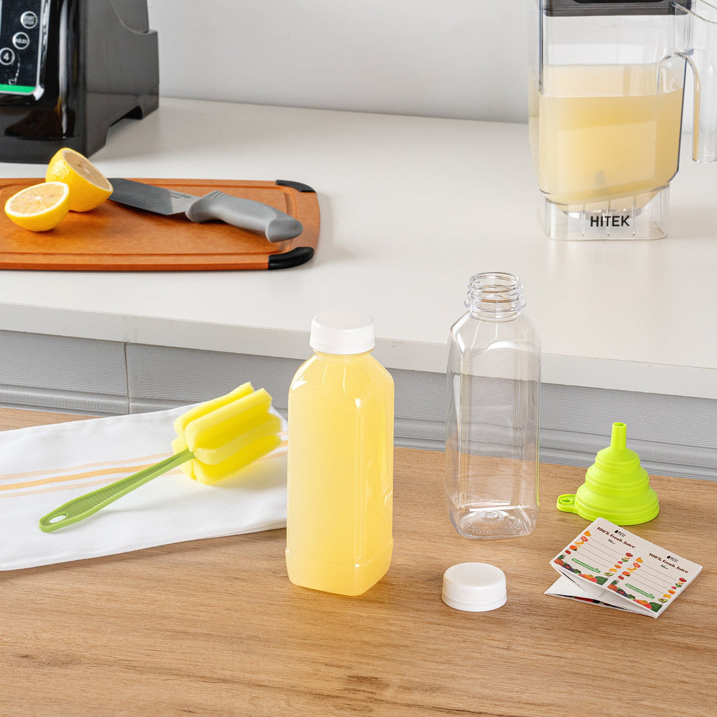 Bottle Tek 100 Square Clear 16 oz Plastic Juice Bottles with Safety Caps - Includes 100 Labels, 10 Funnels and 10 Cleaning Brushes