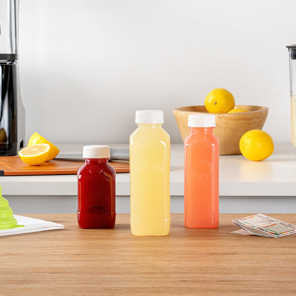 Bottle Tek 100 Square Clear 16 oz Plastic Juice Bottles with Safety Caps - Includes 100 Labels, 10 Funnels and 10 Cleaning Brushes