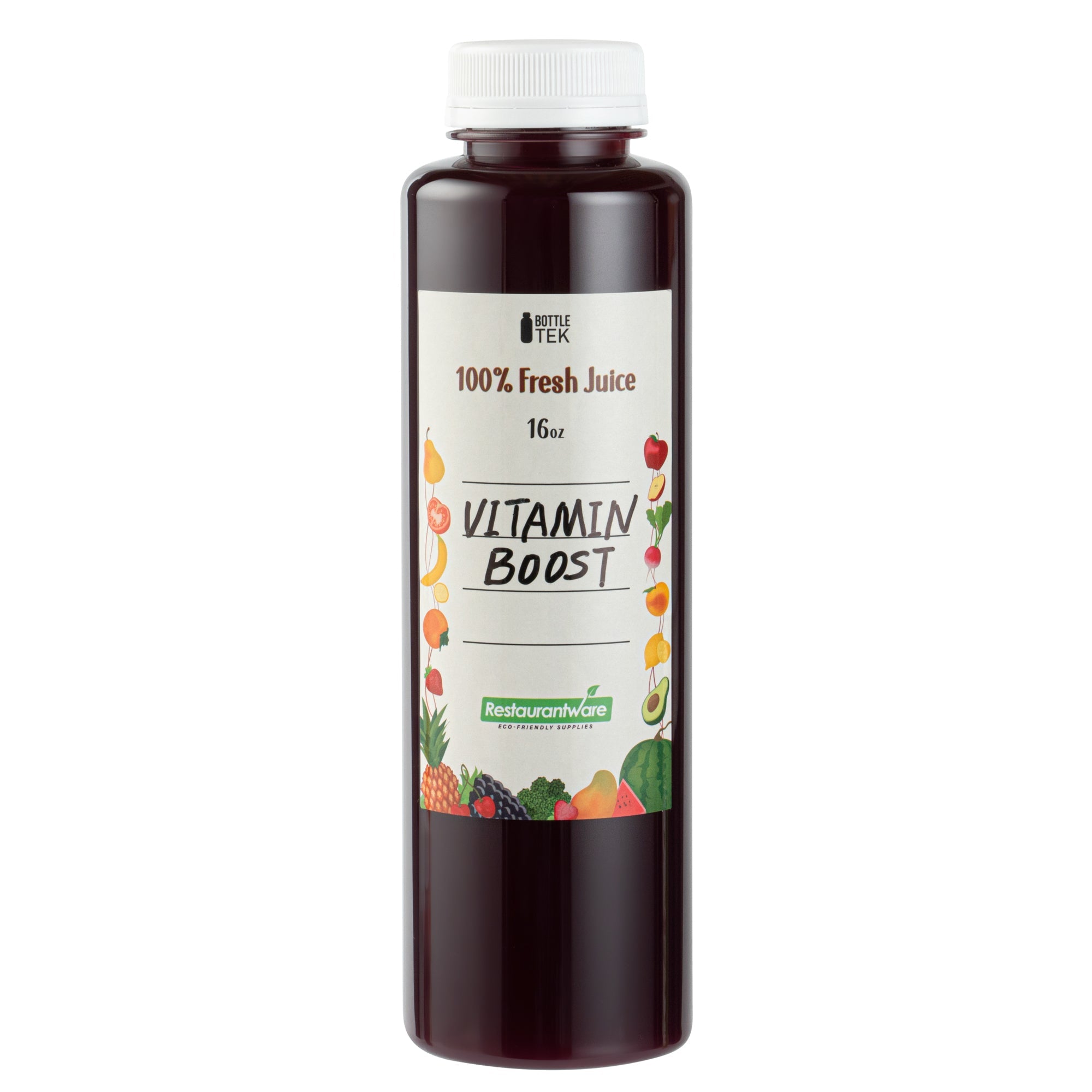 Bottle Tek 10 Round Clear 16 oz Plastic Juice Bottles with Safety Caps - Includes 10 Labels, 1 Funnel and 1 Cleaning Brush