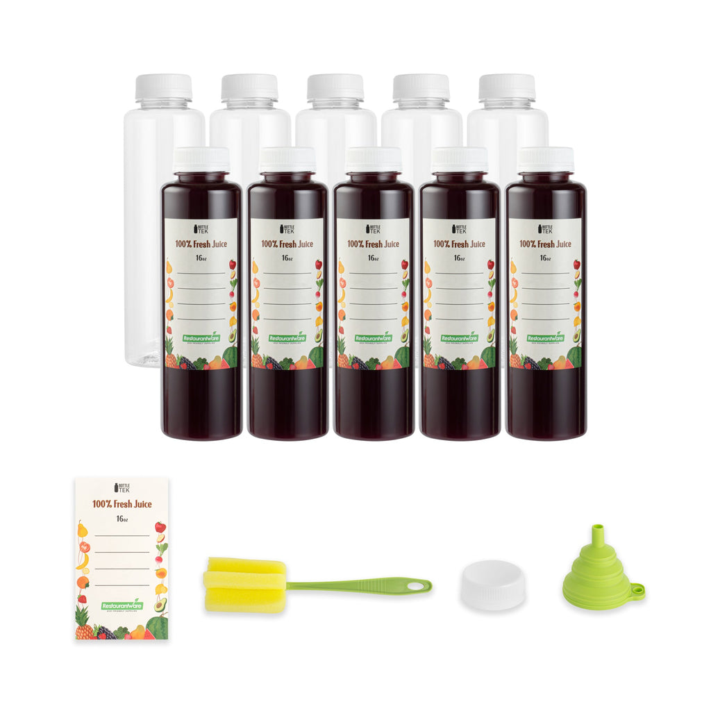 Bottle Tek 10 Round Clear 16 oz Plastic Juice Bottles with Safety Caps - Includes 10 Labels, 1 Funnel and 1 Cleaning Brush