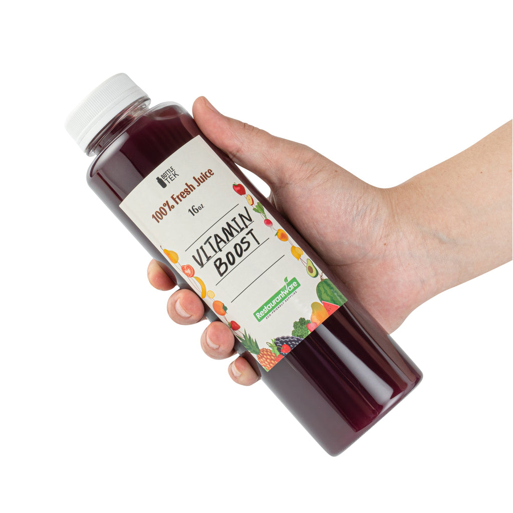 Bottle Tek 10 Round Clear 16 oz Plastic Juice Bottles with Safety Caps - Includes 10 Labels, 1 Funnel and 1 Cleaning Brush
