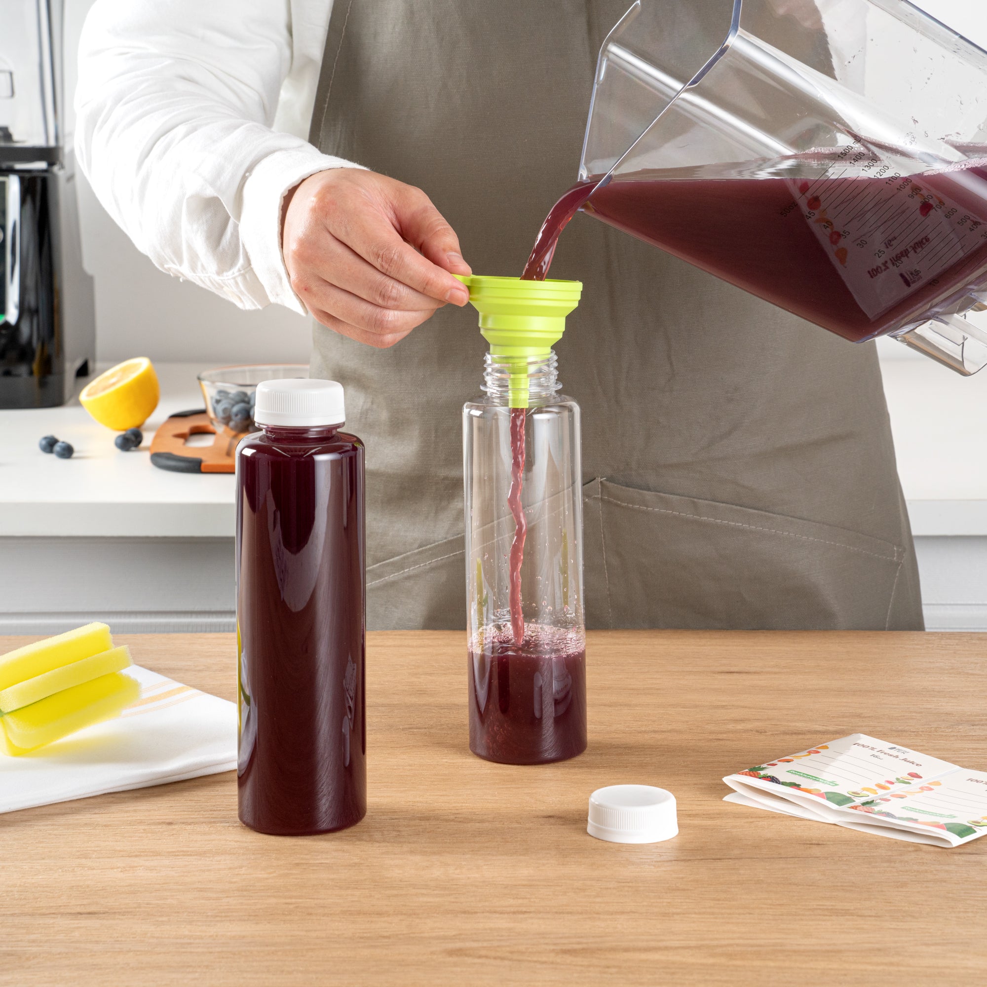 Bottle Tek 10 Round Clear 16 oz Plastic Juice Bottles with Safety Caps - Includes 10 Labels, 1 Funnel and 1 Cleaning Brush