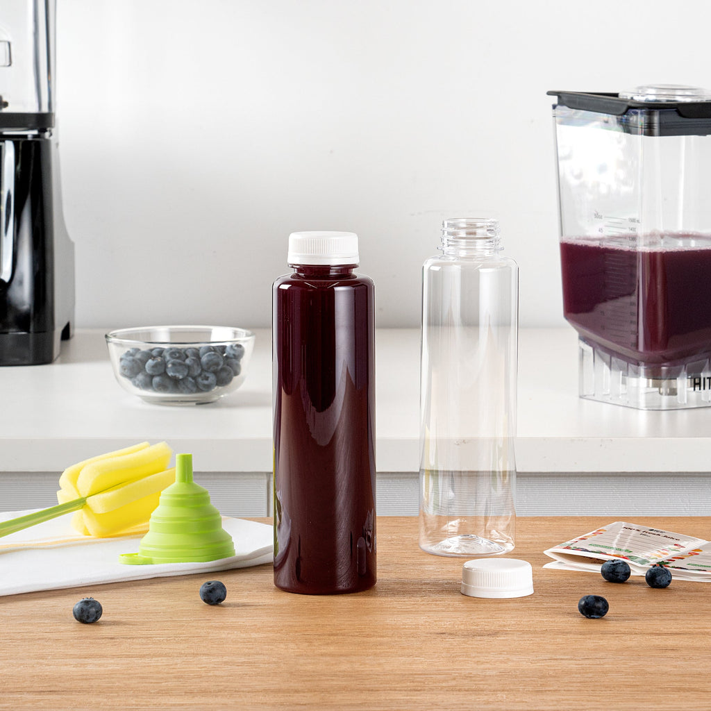 Bottle Tek 10 Round Clear 16 oz Plastic Juice Bottles with Safety Caps - Includes 10 Labels, 1 Funnel and 1 Cleaning Brush