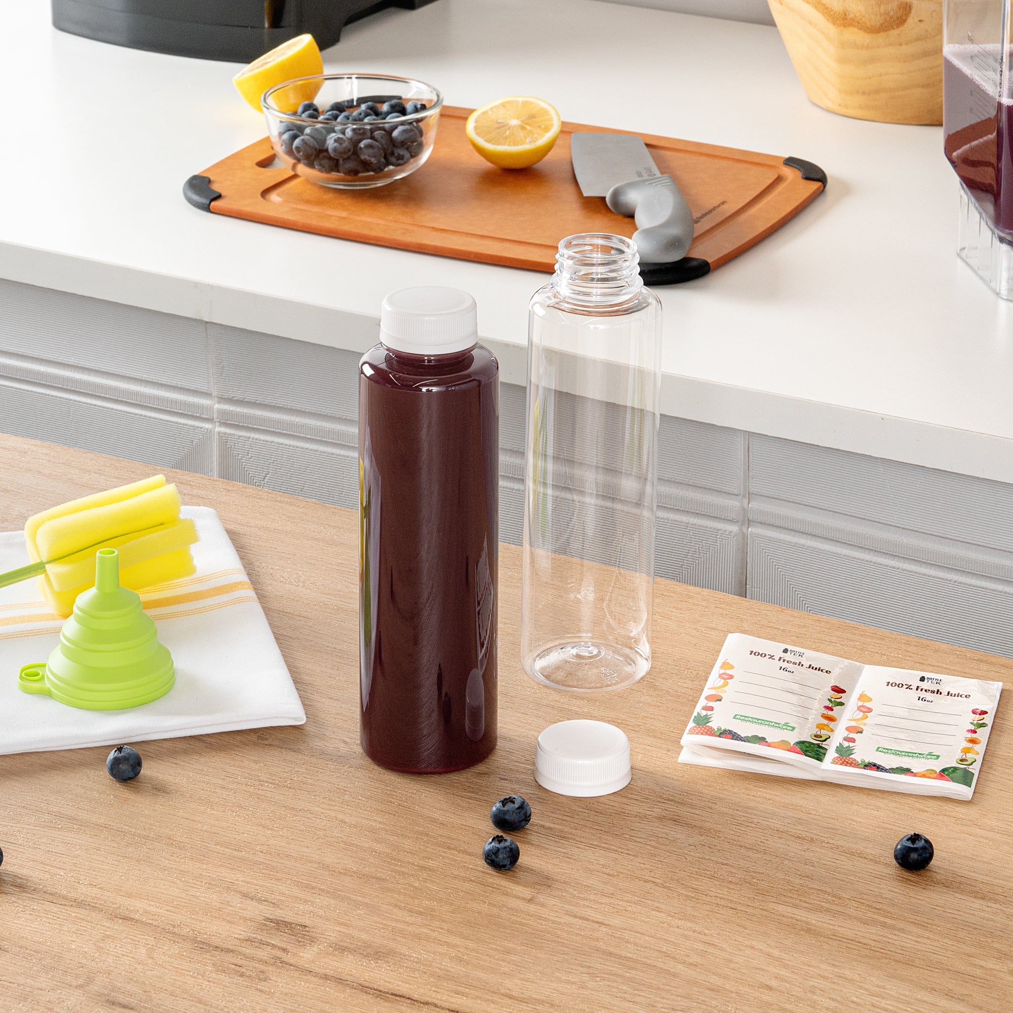 Bottle Tek 10 Round Clear 16 oz Plastic Juice Bottles with Safety Caps - Includes 10 Labels, 1 Funnel and 1 Cleaning Brush