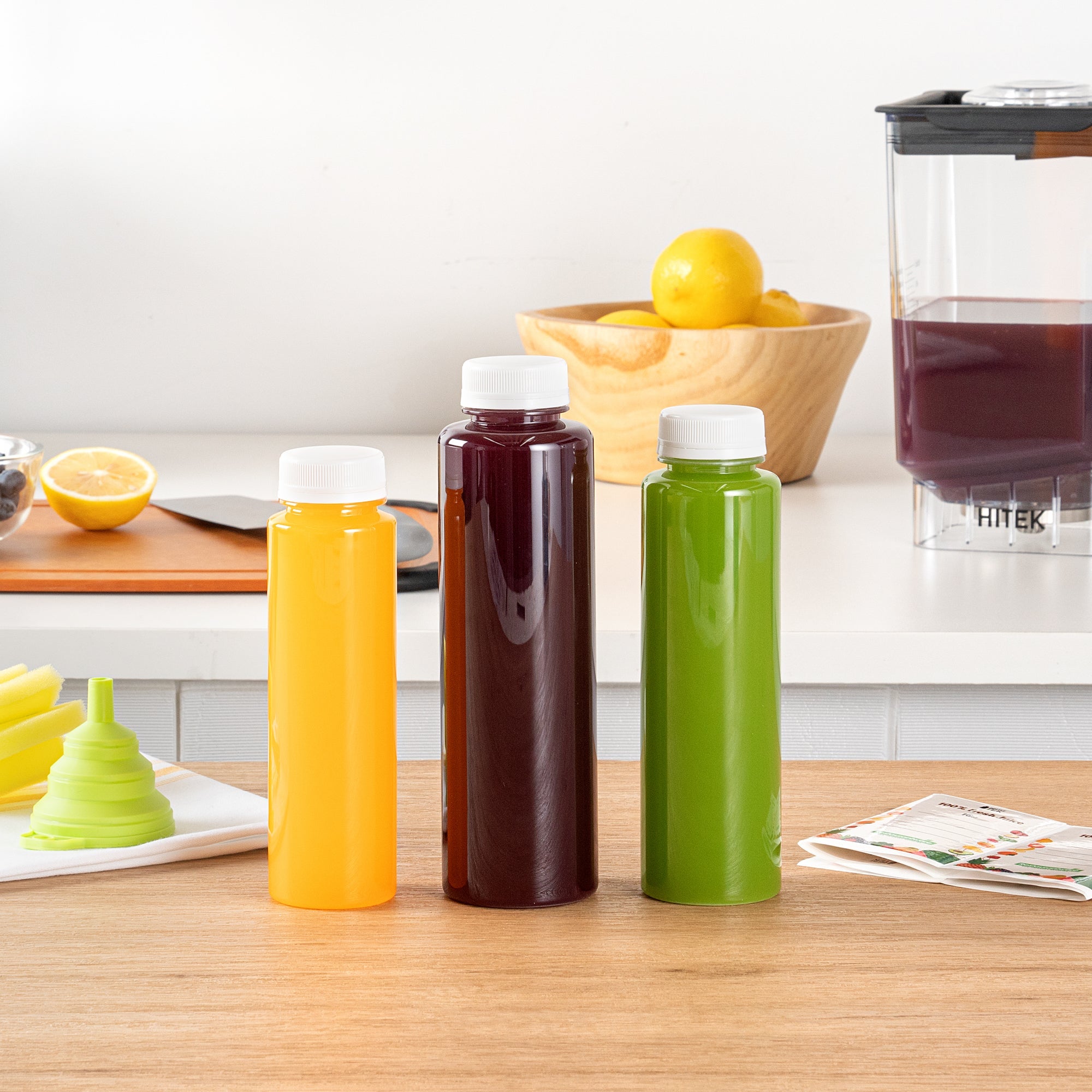 Bottle Tek 10 Round Clear 16 oz Plastic Juice Bottles with Safety Caps - Includes 10 Labels, 1 Funnel and 1 Cleaning Brush