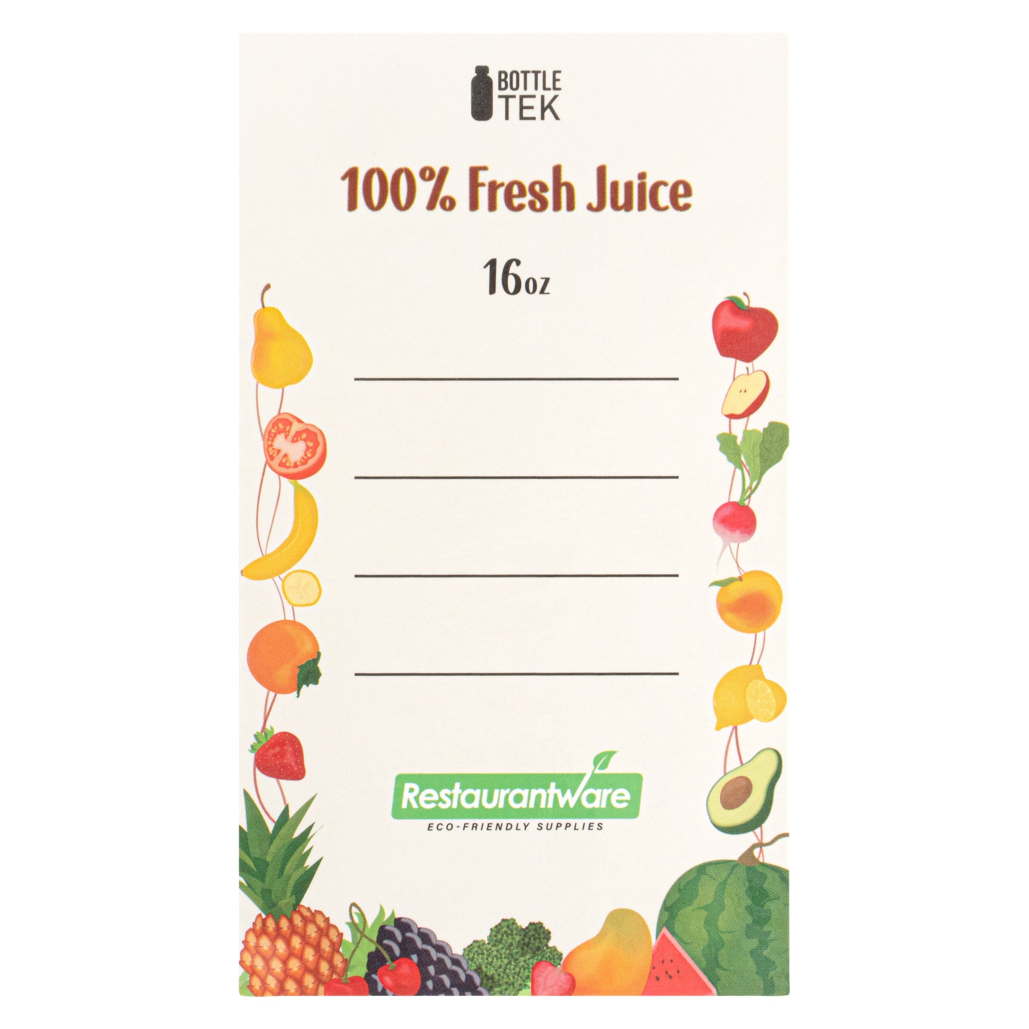 Bottle Tek 100 Round Clear 16 oz Plastic Juice Bottles with Safety Caps - Includes 100 Labels, 10 Funnels and 10 Cleaning Brushes