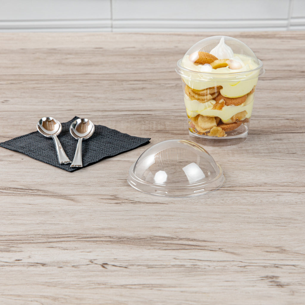 Mini Serve Round Clear Plastic Dome Lid - Fits 6 oz Dessert Cup - 100 count box