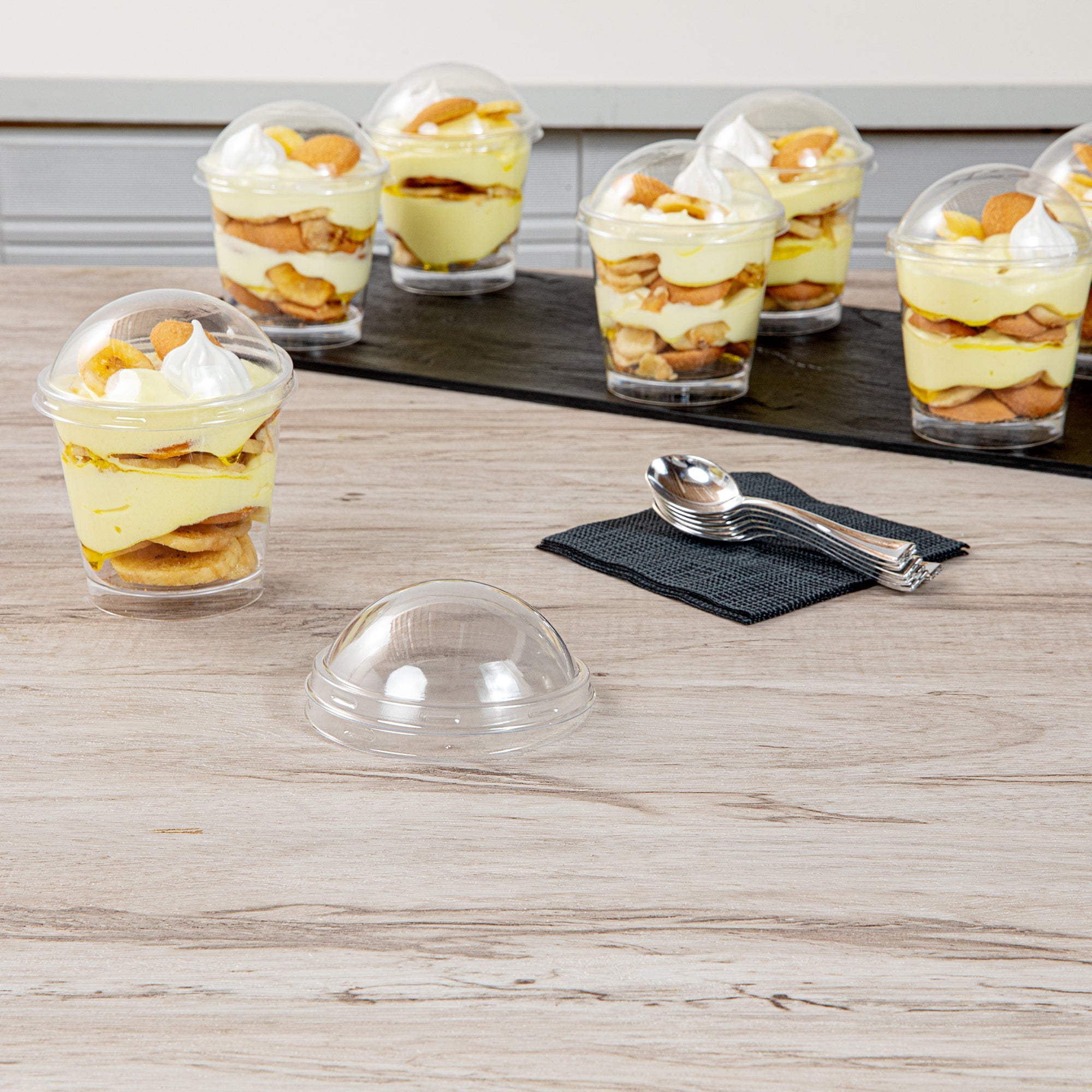 Mini Serve Round Clear Plastic Dome Lid - Fits 6 oz Dessert Cup - 100 count box