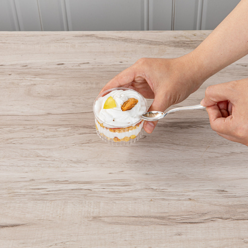 Mini Serve 4 oz Round Clear Plastic Dessert Cup - Fluted - 3'' x 3'' x 1 1/2'' - 25 count box