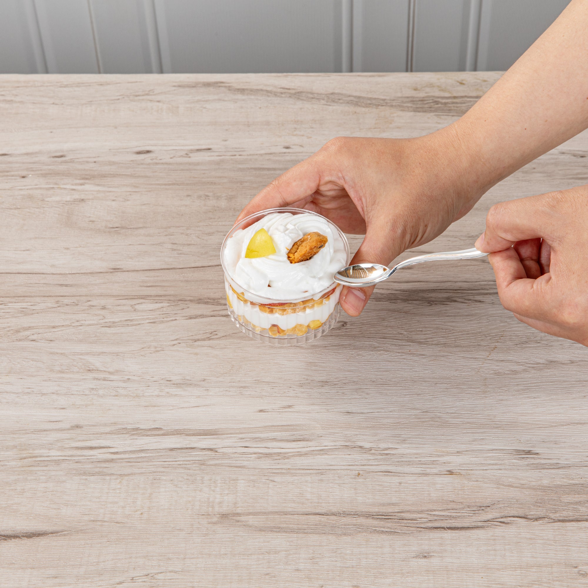 Mini Serve 4 oz Round Clear Plastic Dessert Cup - Fluted - 3'' x 3'' x 1 1/2'' - 25 count box