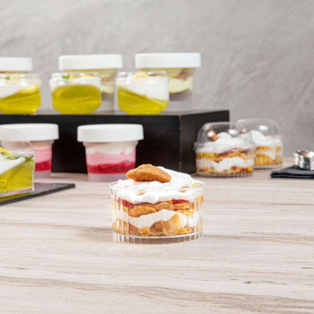 Mini Serve 4 oz Round Clear Plastic Dessert Cup - Fluted - 3'' x 3'' x 1 1/2'' - 25 count box