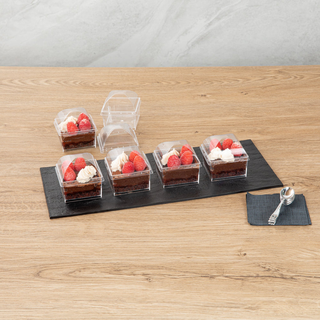 Mini Serve Square Clear Plastic Dome Lid - Fits 5 oz Dessert Cup - 25 count box