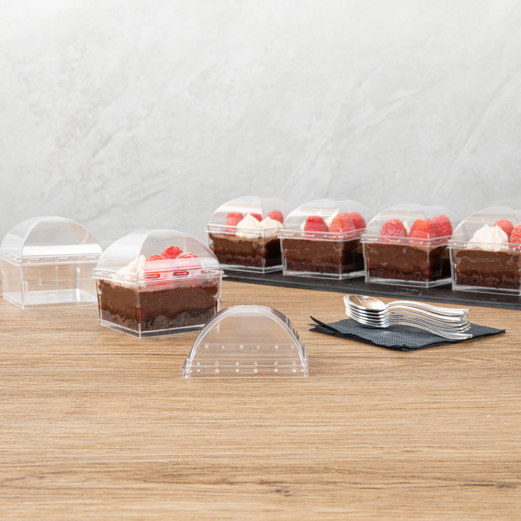 Mini Serve Square Clear Plastic Dome Lid - Fits 5 oz Dessert Cup - 25 count box