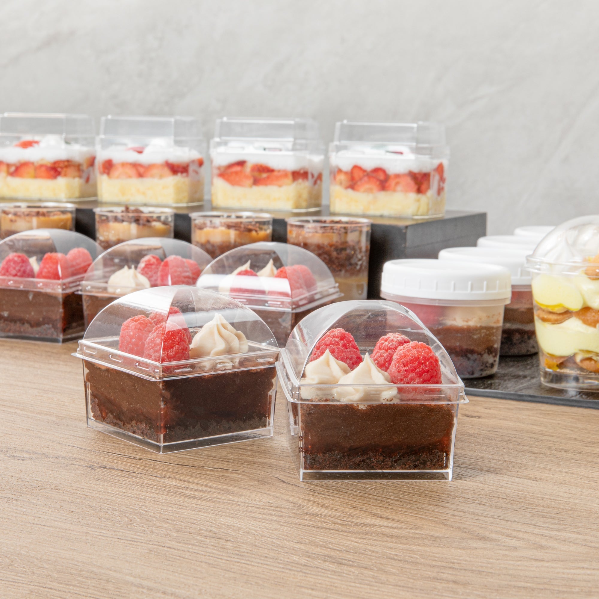 Mini Serve Square Clear Plastic Dome Lid - Fits 5 oz Dessert Cup - 25 count box