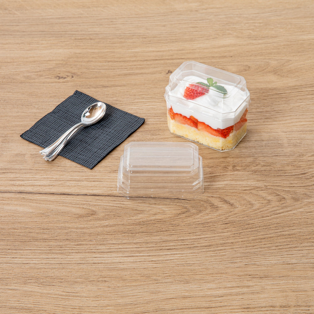 Mini Serve Rectangle Clear Plastic Dome Lid - Fits 3 oz Dessert Cup - 25 count box