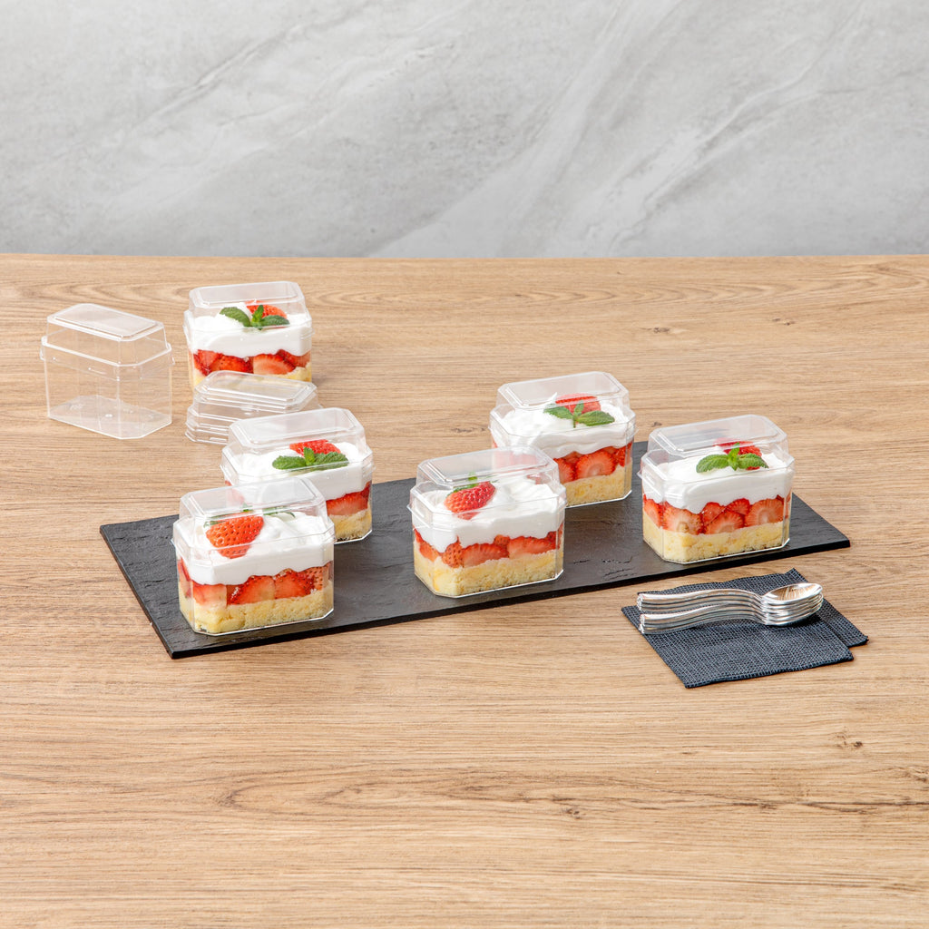 Mini Serve Rectangle Clear Plastic Dome Lid - Fits 3 oz Dessert Cup - 25 count box