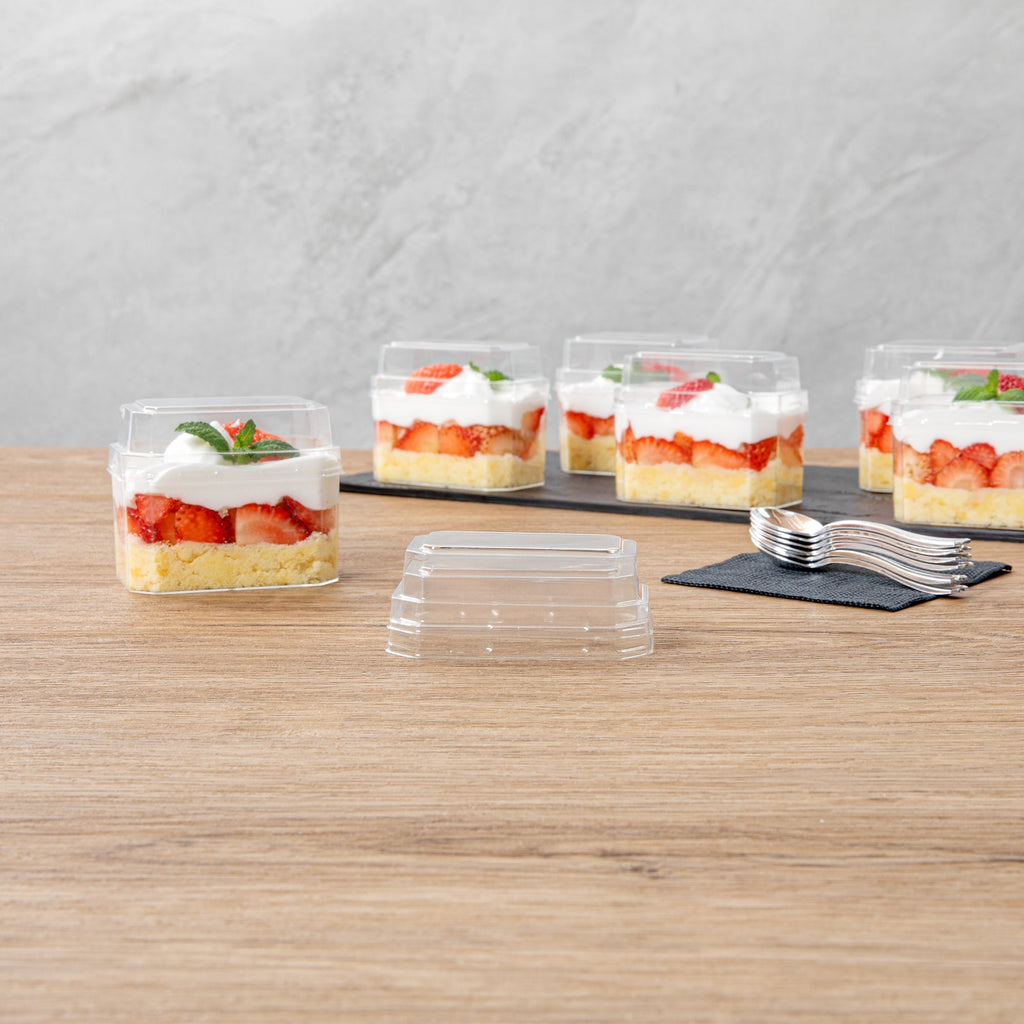 Mini Serve Rectangle Clear Plastic Dome Lid - Fits 3 oz Dessert Cup - 25 count box