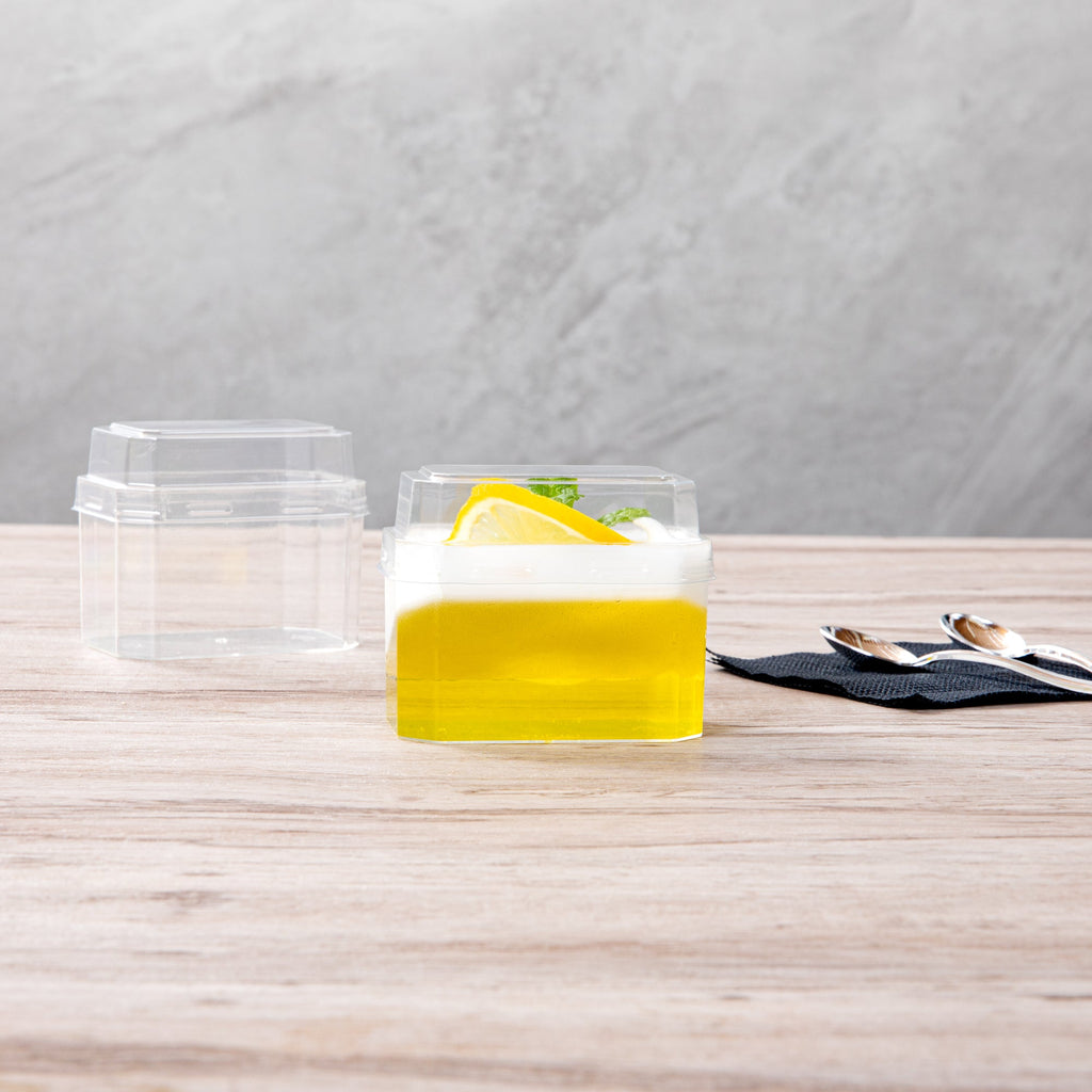 Mini Serve 3 oz Rectangle Clear Plastic Dessert Cup - with Lid - 3 1/4'' x 2'' x 2'' - 25 count box