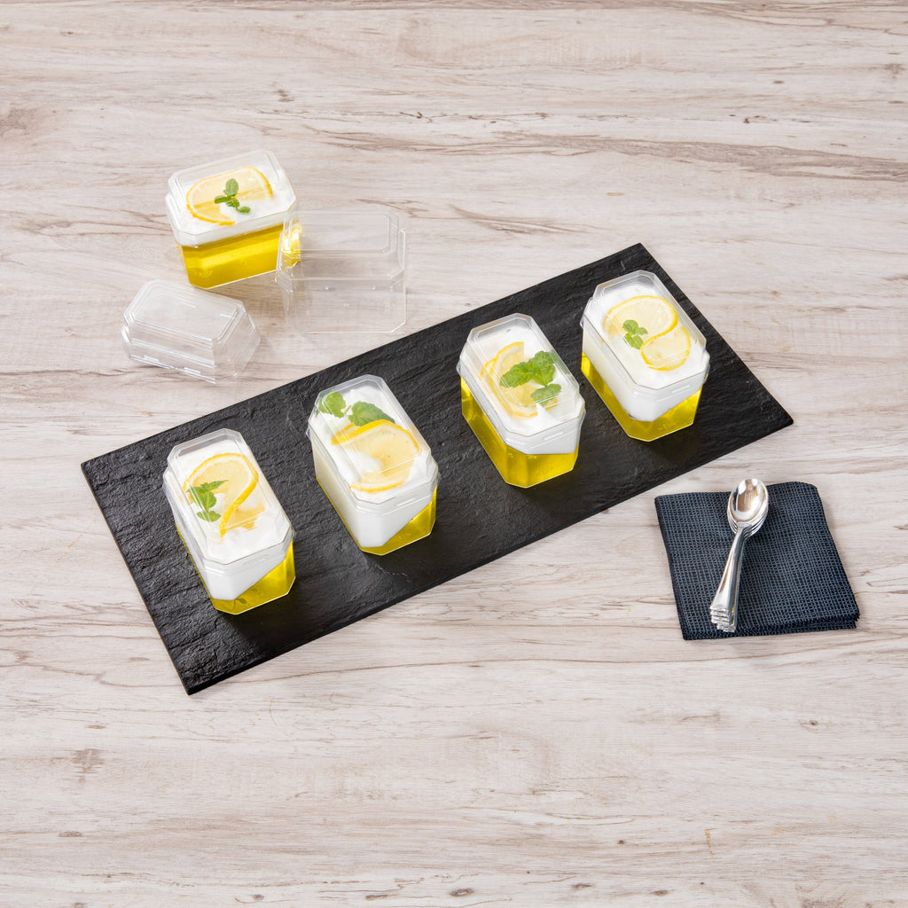 Mini Serve 3 oz Rectangle Clear Plastic Dessert Cup - with Lid - 3 1/4'' x 2'' x 2'' - 25 count box