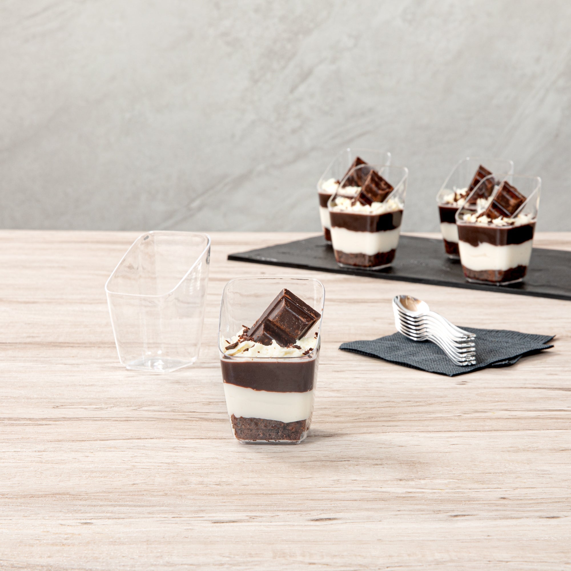 Mini Serve 2 oz Square Clear Plastic Dessert Cup Slanted - 2 1/4'' x 2 1/4'' x 3'' - 100 count box