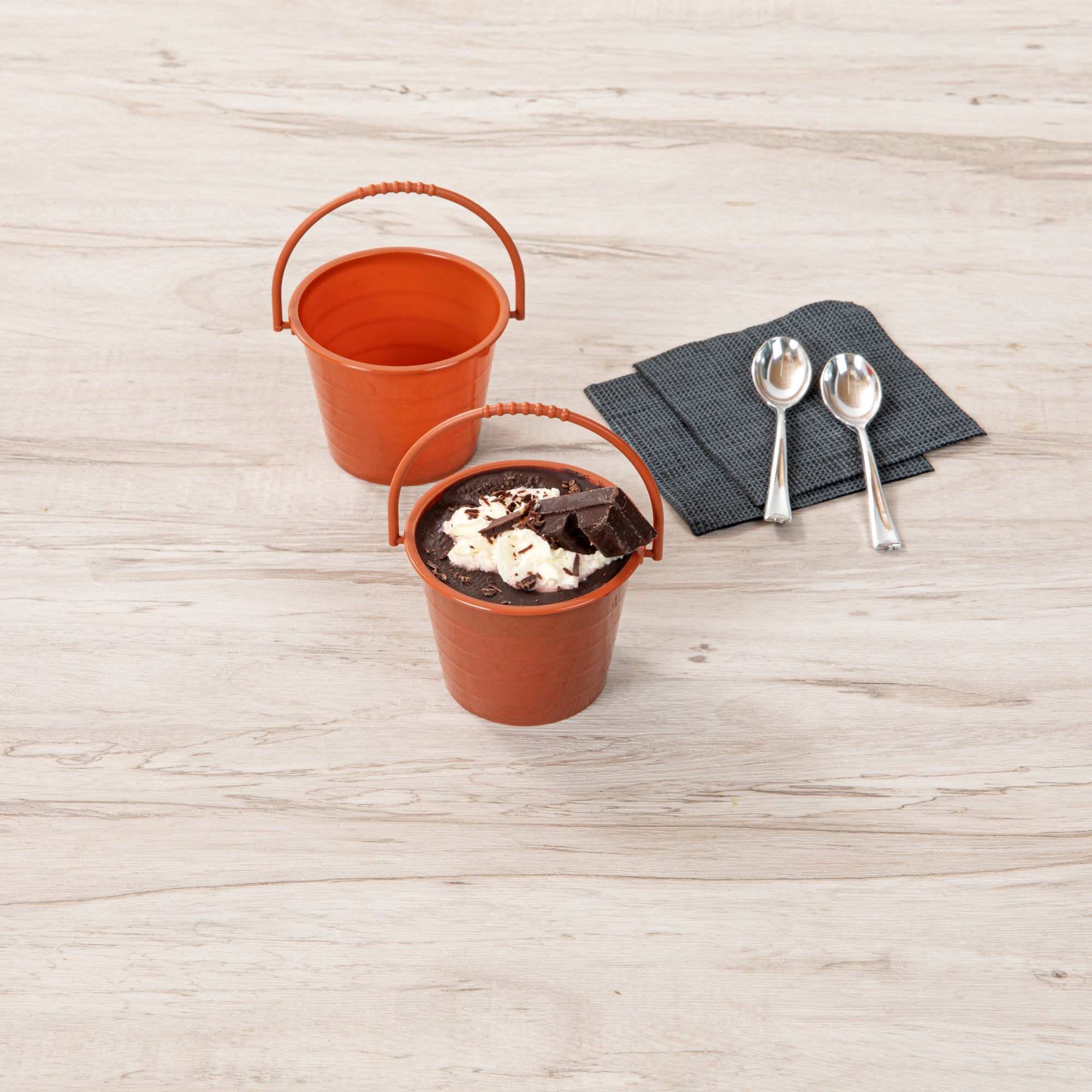 Mini Serve 2 oz Round Brown Plastic Dessert Bucket Cup - 3 1/4'' x 3 1/4'' x 2 1/4'' - 25 count box